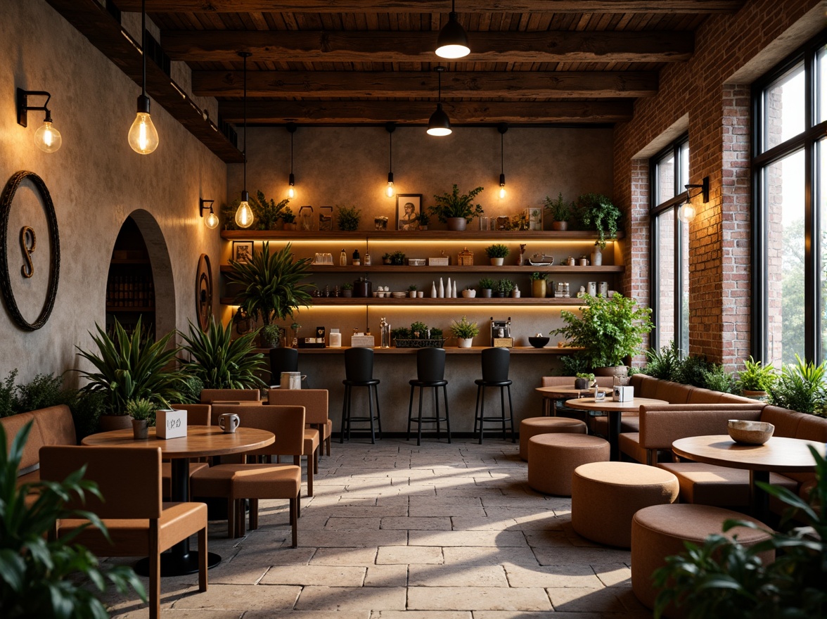 Prompt: Cozy coffee shop atmosphere, warm wooden textures, industrial metal accents, exposed brick walls, reclaimed wood furniture, vintage decorative items, soft cushioned seating, lush greenery, natural stone floors, earthy color palette, rustic wooden beams, Edison bulb lighting, shallow depth of field, 1/2 composition, realistic textures, ambient occlusion.