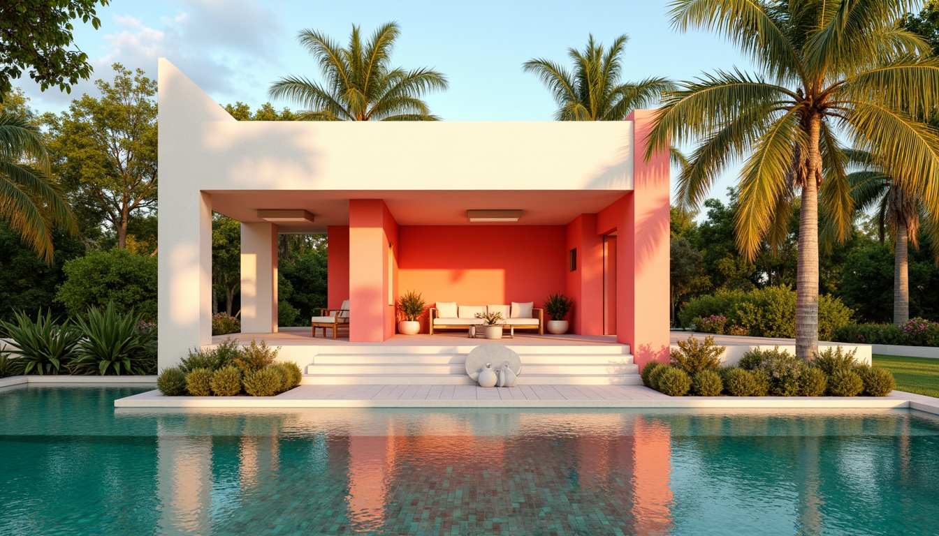 Prompt: Vibrant pavilion, bold color scheme, bright coral accents, creamy white stucco, turquoise glass tiles, iridescent mosaics, warm golden lighting, lush greenery surroundings, tropical palm trees, sunny day, shallow depth of field, 3/4 composition, panoramic view, realistic textures, ambient occlusion.