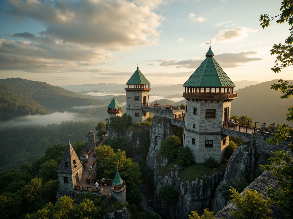 Prompt: Majestic watchtowers, rustic stone walls, lush green roofs, winding staircases, wooden observation decks, scenic lookout points, rolling hills, dense forests, misty mornings, warm sunlight, dramatic cloud formations, atmospheric perspective, 1/2 composition, shallow depth of field, soft natural lighting, realistic foliage, ambient occlusion.