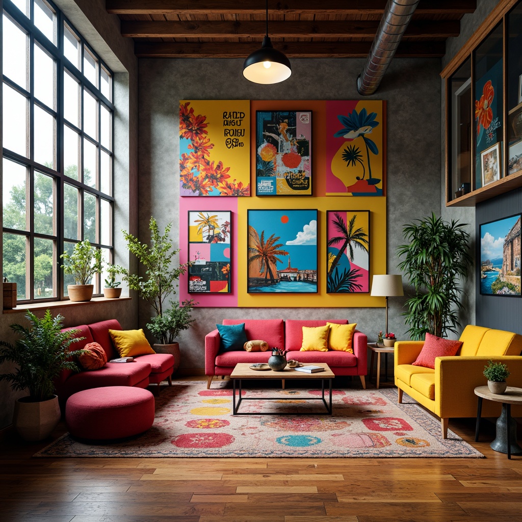 Prompt: Vibrant artistic studio, eclectic furniture arrangement, bold color blocking, contrasting textures, abstract artwork displays, industrial metal accents, reclaimed wood features, oversized windows, natural light filtering, softbox lighting, shallow depth of field, 2/3 composition, warm atmosphere, playful ambiance.