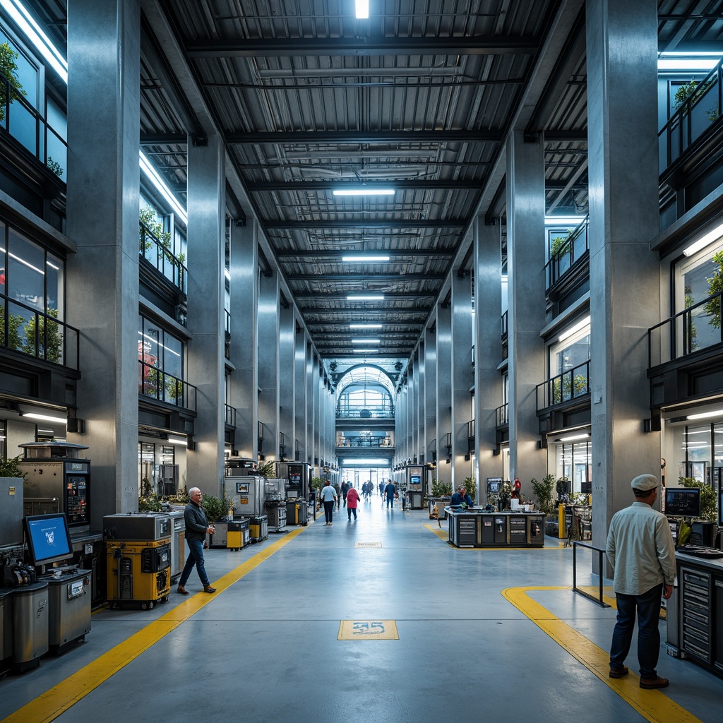 Prompt: Industrial energy plant, reinforced steel columns, sleek metal beams, modern architectural design, vast open spaces, high ceilings, massive machinery, stainless steel pipes, control rooms, monitoring systems, futuristic interfaces, bright fluorescent lighting, shallow depth of field, 3/4 composition, panoramic view, realistic metallic textures, ambient occlusion.