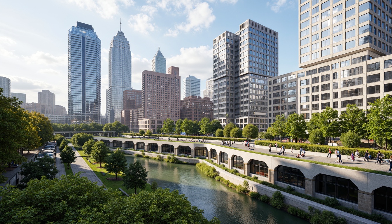 Prompt: Sustainable urban landscape, futuristic skyscrapers, green roofs, solar panels, wind turbines, water conservation systems, eco-friendly materials, recycled concrete, energy-efficient buildings, minimalist design, angular lines, sleek metal facades, reflective glass surfaces, vibrant colorful accents, intricate geometric patterns, ambient occlusion, shallow depth of field, 3/4 composition, panoramic view, realistic textures, soft warm lighting.