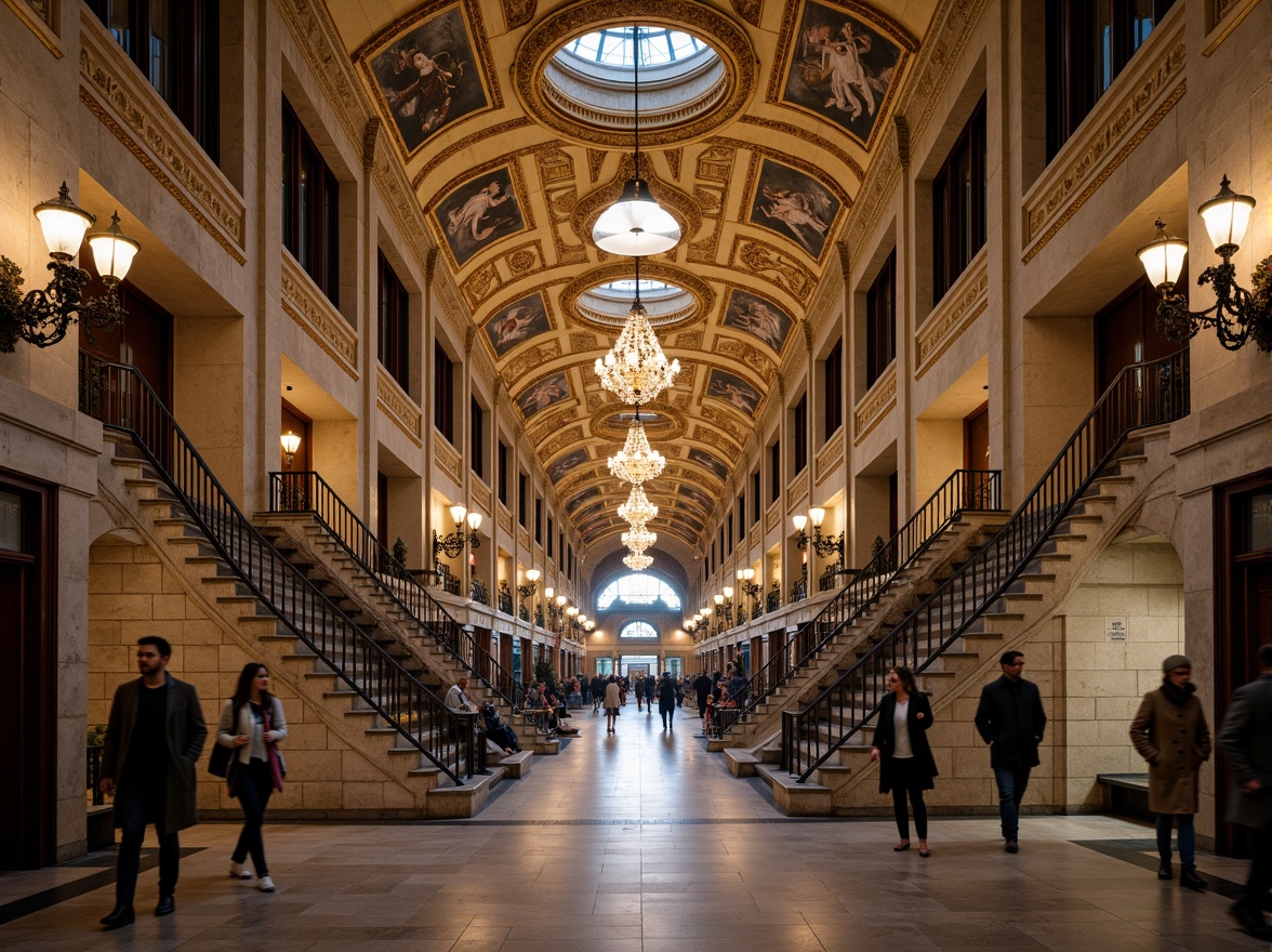 Prompt: Grand metro station, Romanesque archways, ornate stone carvings, vaulted ceilings, intricate mosaics, grand staircases, elegant chandeliers, refined metalwork, detailed frescoes, historic architectural elements, underground tunnels, modern transportation hubs, bustling city atmosphere, soft warm lighting, shallow depth of field, 3/4 composition, panoramic view, realistic textures, ambient occlusion.