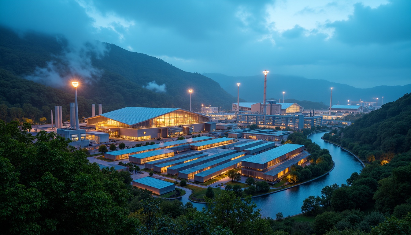 Prompt: Vibrant industrial landscape, energy plants, modern architecture, sleek metallic structures, glowing LED lights, neon accents, dynamic color scheme, electric blue hues, bright yellow accents, deep orange tones, rich greenery, lush vegetation, misty atmosphere, soft natural light, shallow depth of field, 1/1 composition, realistic textures, ambient occlusion.