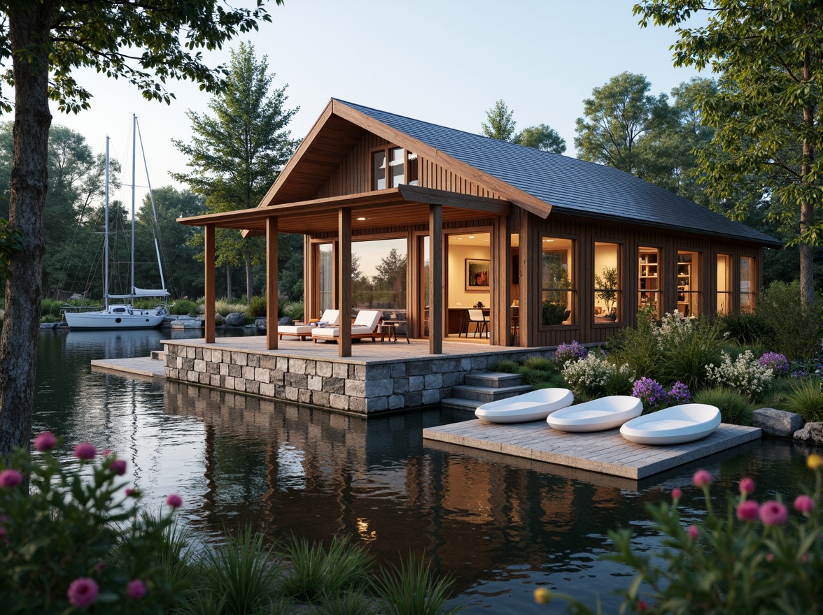 Prompt: Waterfront location, serene lake views, wooden dock, sailboats, kayaks, rustic boathouse design, natural stone foundation, wooden accents, nautical decorations, cozy interior spaces, large windows, sliding glass doors, warm ambient lighting, shallow depth of field, 3/4 composition, panoramic view, realistic textures, ambient occlusion, surrounded by lush greenery, vibrant flowers, tranquil atmosphere.