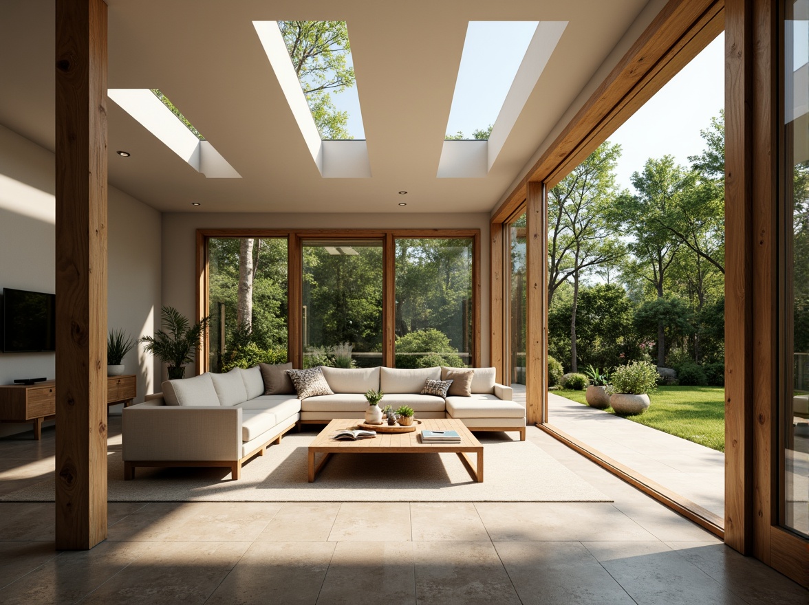 Prompt: Cozy living room, large windows, sliding glass doors, natural stone floors, minimalist decor, soft warm lighting, clerestory windows, skylights, solar tubes, reflective surfaces, bright airy atmosphere, lush greenery, surrounding trees, garden views, morning sunlight, gentle shadows, 1/1 composition, realistic textures, ambient occlusion.