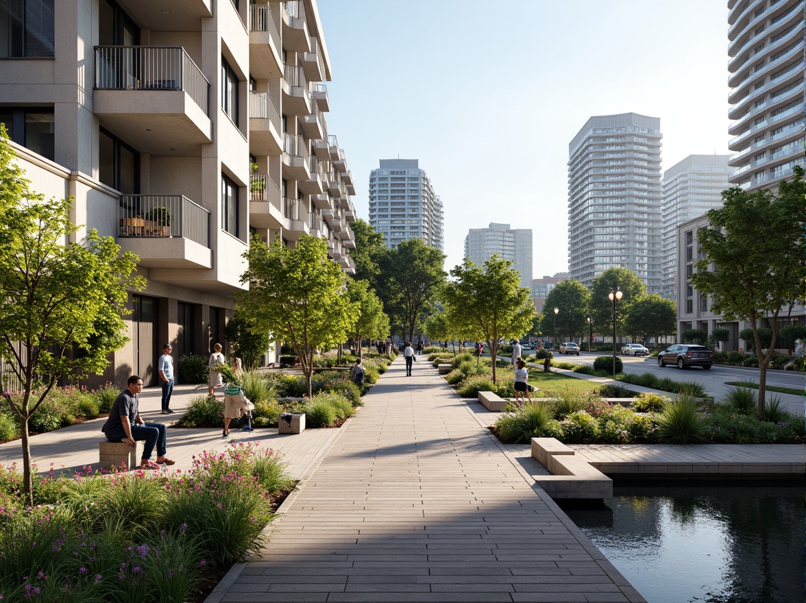 Prompt: Vibrant urban landscape, pedestrian bridge connectivity, sleek modern architecture, steel cable railings, wooden deck walkways, lush greenery, blooming flowers, benches, street lamps, natural stone pavers, water features, reflection pools, city skyline views, sunny day, soft warm lighting, shallow depth of field, 3/4 composition, panoramic view, realistic textures, ambient occlusion.