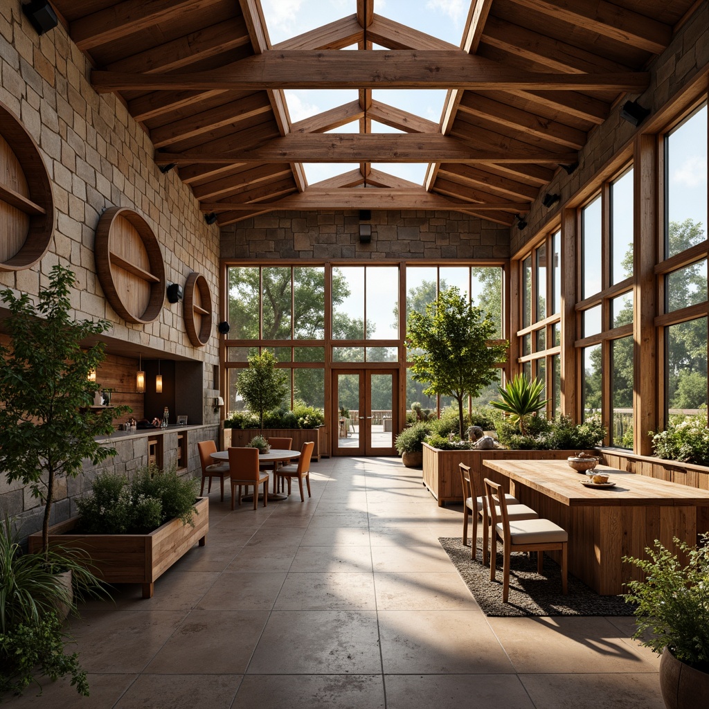 Prompt: Rustic winery, earthy tones, reclaimed wood accents, natural stone walls, metal roofing, solar panels, green roofs, living walls, rainwater harvesting systems, recycled glass features, low-VOC paints, FSC-certified wood, bamboo flooring, cork insulation, large windows, clerestory windows, soft natural lighting, warm ambient atmosphere, 1/1 composition, shallow depth of field, realistic textures, ambient occlusion.