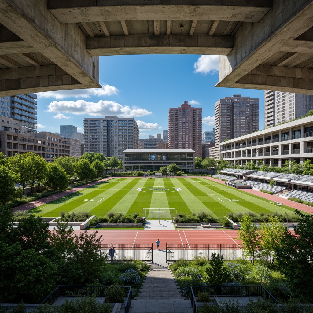 Prompt: Rugged sports field, brutalist architecture, industrial materials, exposed concrete structures, steel beams, raw textures, urban landscape integration, vibrant greenery, artificial turf, athletic track, soccer goals, basketball hoops, tennis courts, stadium seating, modernist design elements, geometric patterns, bold color schemes, dramatic lighting, high-contrast shadows, dynamic camera angles, 2.35