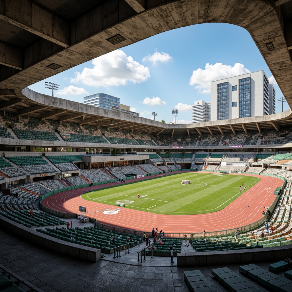 Prompt: Rugged sports fields, brutalist architecture, concrete grandstands, exposed ductwork, raw steel beams, bold geometric shapes, functional simplicity, weathered stone walls, athletic tracks, soccer goals, basketball courts, tennis nets, vibrant team colors, dynamic urban backdrops, dramatic lighting, high-contrast shadows, graphic compositions, abstract textures, bold typography, urban grittiness, industrial landscapes.