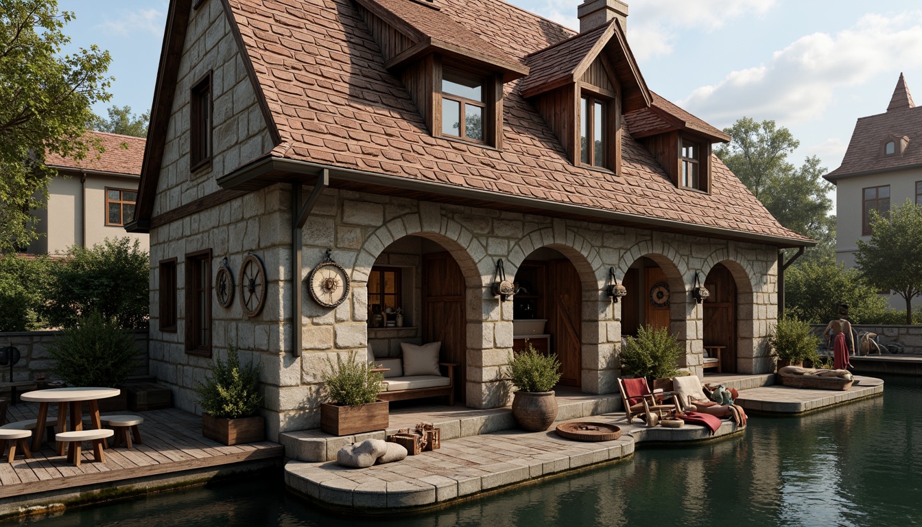 Prompt: Rustic boathouse, Romanesque arches, ornate stonework, wooden dock, nautical ropes, sailing-inspired decorations, distressed wood accents, vintage marine hardware, earthy color palette, moss-covered stones, overhanging eaves, asymmetrical fa\u00e7ade, steeply pitched roof, dormer windows, copper flashing, weathered wooden shutters, soft warm lighting, shallow depth of field, 1/1 composition, intimate atmosphere, realistic textures, ambient occlusion.