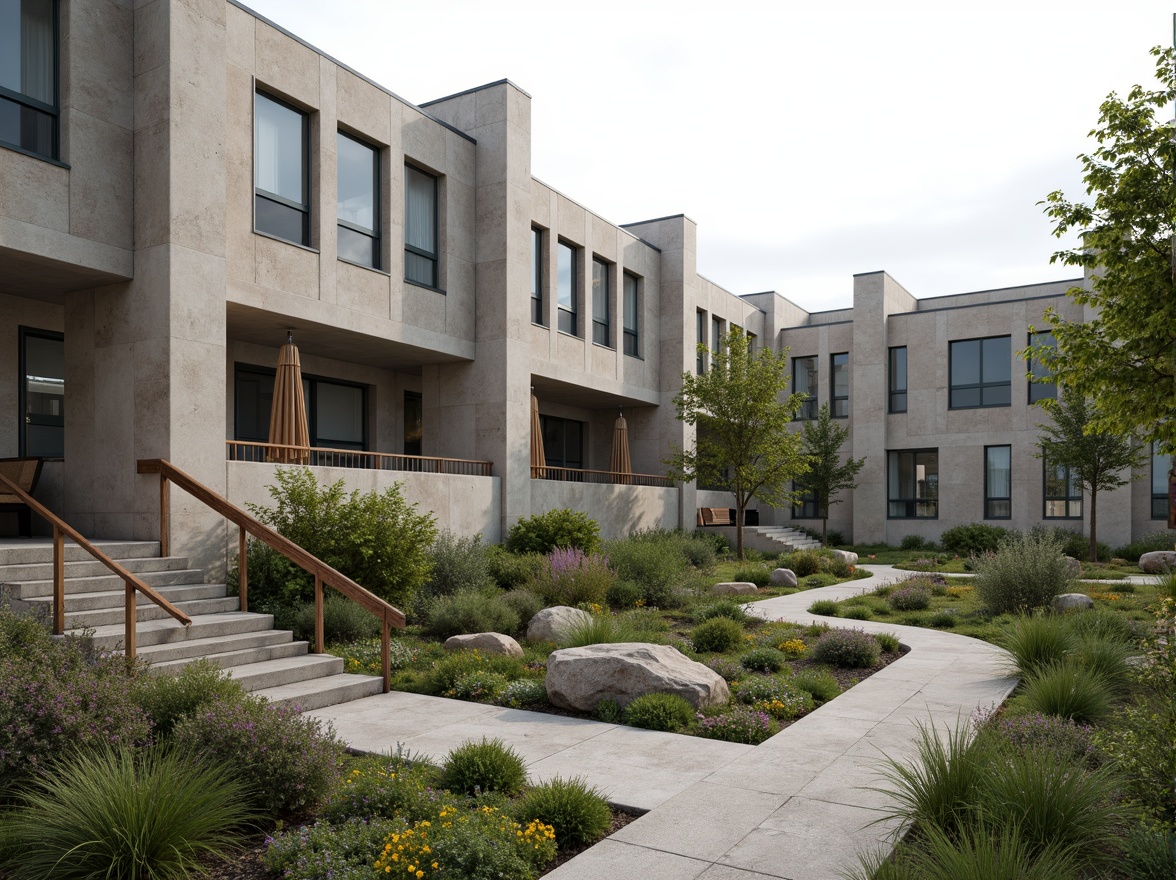 Prompt: Rugged middle school building, brutalist architecture, raw concrete walls, angular lines, fortress-like structure, integrated landscape design, native wildflowers, lush greenery, meandering pathways, weathered stone benches, natural rock formations, wooden accents, industrial metal railings, muted color palette, overcast sky, soft diffuse lighting, shallow depth of field, 1/1 composition, realistic textures, ambient occlusion.