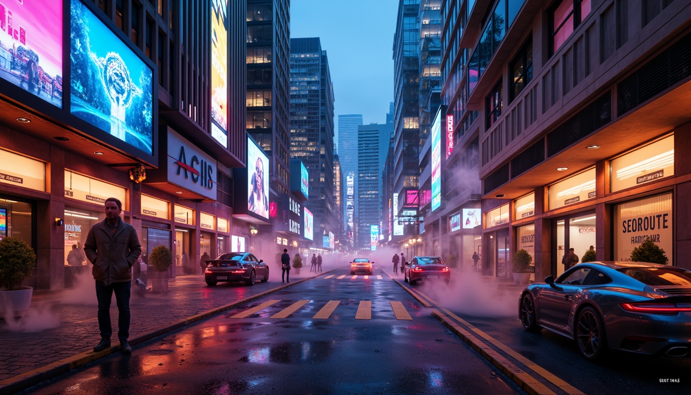 Prompt: Neon-lit cityscape, metallic skyscrapers, holographic advertisements, futuristic transportation hubs, sleek robots, cyberpunk alleys, vibrant neon lights, iridescent glass surfaces, electric blue accents, pulsing pink hues, radiant orange glows, dark shadows, misty atmospheric effects, 3D holographic projections, high-tech gadgetry, advanced computer interfaces, augmented reality visuals, dynamic LED displays, retro-futuristic nods, bold geometric patterns, sleek minimalist lines, metallic reflections, luminous auras.