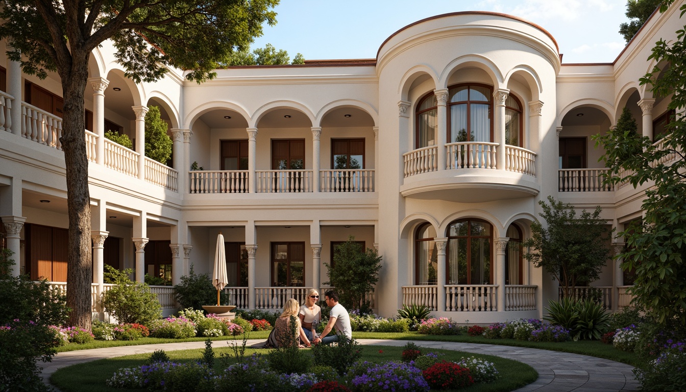 Prompt: Elegant Renaissance-style palace, ornate stone balconies, intricately carved balusters, flowing curved lines, grandiose arches, majestic columns, decorative cornices, romantic Juliet balconies, lush greenery, vibrant flowers, soft warm lighting, shallow depth of field, 3/4 composition, panoramic view, realistic textures, ambient occlusion.