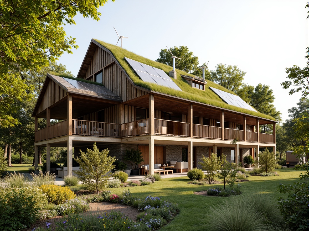 Prompt: Rustic barn, reclaimed wood, natural stone foundation, earthy color palette, lush green roof, solar panels, wind turbines, rainwater harvesting system, composting toilet, organic farm, permaculture garden, bee hotel, butterfly habitat, native wildflowers, wooden fence, meandering pathways, soft warm lighting, shallow depth of field, 3/4 composition, panoramic view, realistic textures, ambient occlusion.