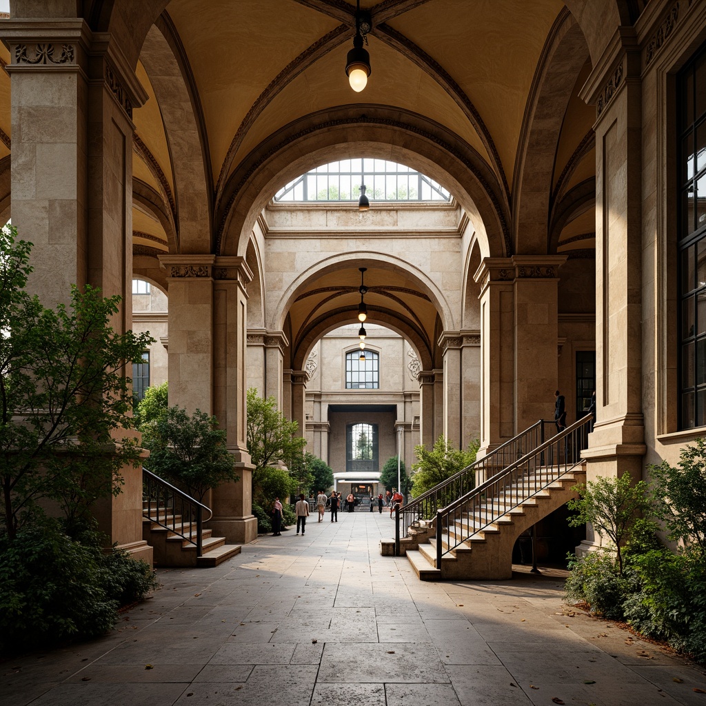 Prompt: Grand Romanesque metro station, ornate stone archways, intricate carvings, majestic columns, vintage lanterns, lush greenery, flowering vines, rustic brick walls, worn stone pavement, grand staircases, high ceilings, dramatic lighting, warm beige tones, ambient shadows, 1/1 composition, symmetrical framing, realistic textures, subtle depth of field.