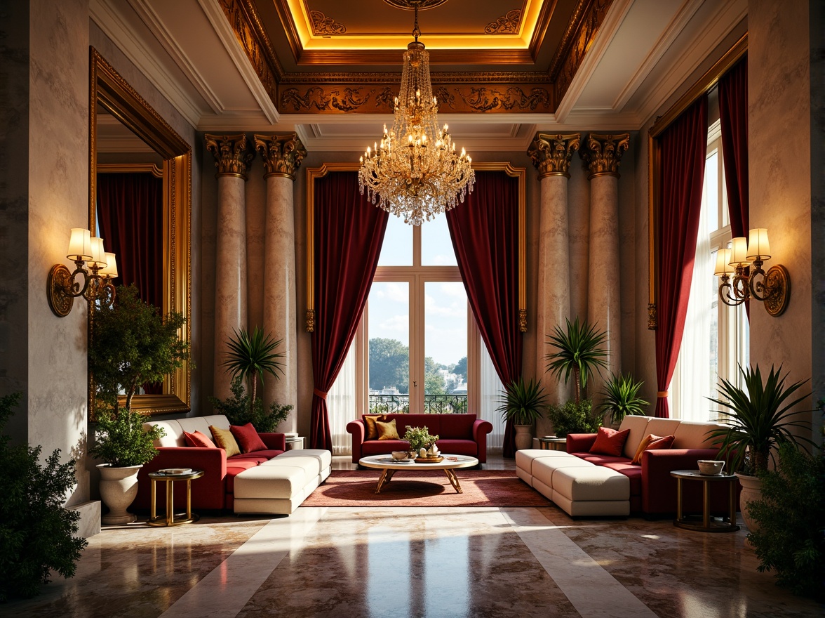 Prompt: Luxurious penthouse interior, symmetrical composition, grand chandelier, ornate mirrors, marble floors, high ceilings, Renaissance-inspired furnishings, velvet drapes, gilded accents, rich jewel tones, opulent textures, classic European architecture, imposing stone columns, intricate carvings, lavish decorations, dramatic lighting, warm golden glow, 1/1 aspect ratio, central axis symmetry, perfect reflection, detailed ornaments, aristocratic ambiance.