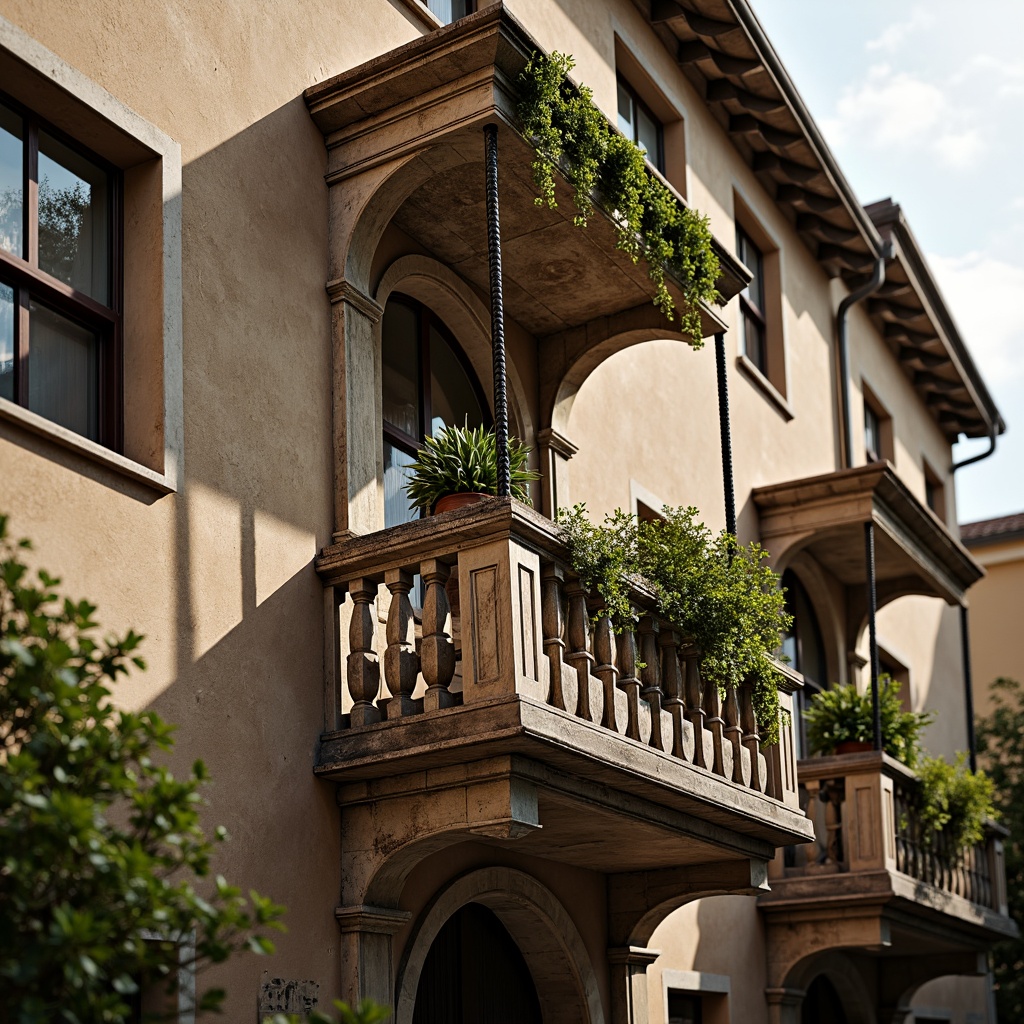 Prompt: Ornate Renaissance-style balcony, intricately carved stone railings, decorative metalwork, ornamental balusters, arched openings, grand scale, symmetrical facade, classical columns, ornate cornices, rustic stonework, lush greenery, overflowing flowerpots, soft warm lighting, 1/1 composition, shallow depth of field, realistic textures, ambient occlusion.