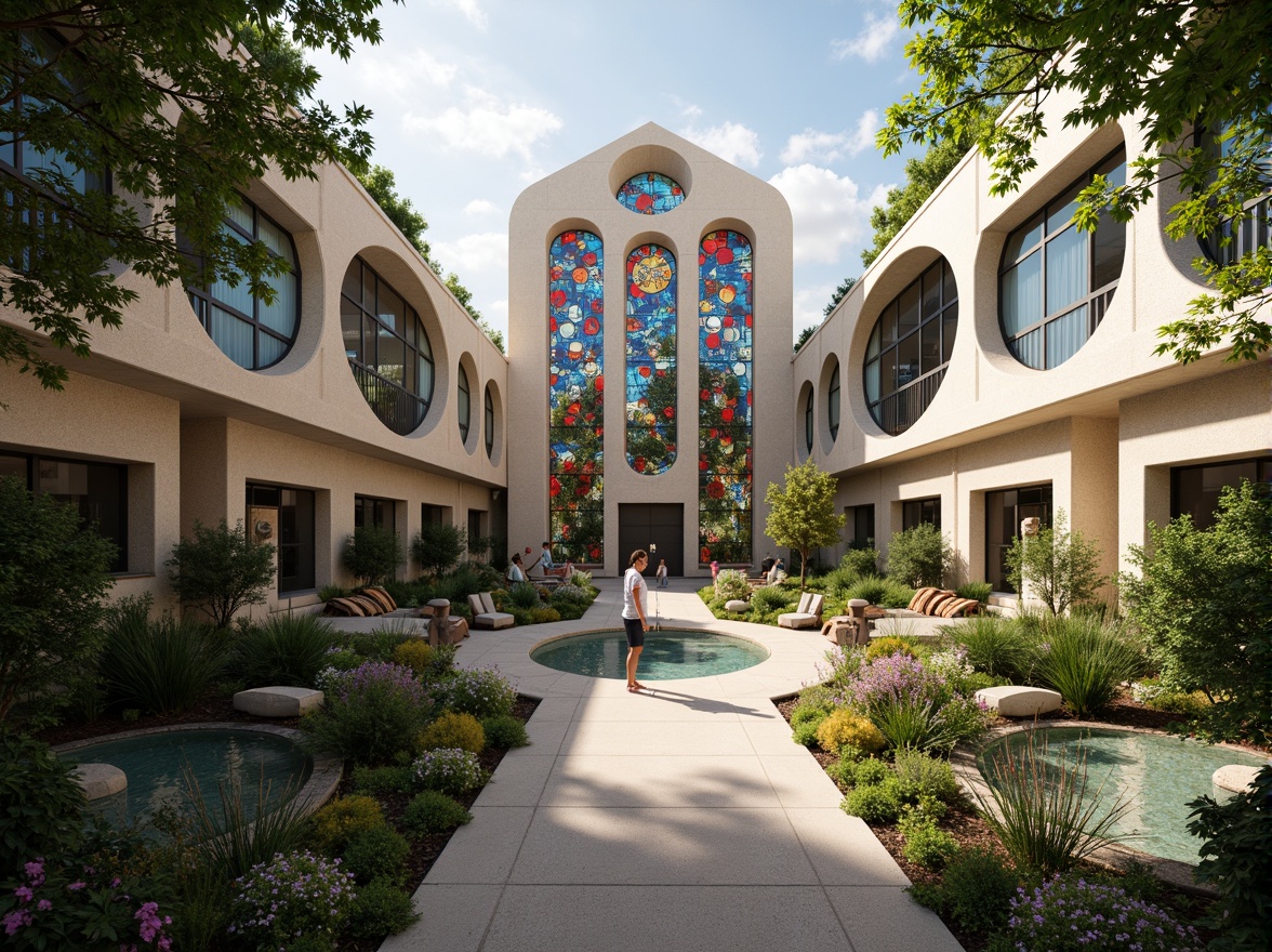 Prompt: Ethereal postmodern church, curved lines, irregular shapes, eclectic materials, vibrant stained glass windows, abstract sculptures, lush green roofs, natural stone walls, meandering pathways, serene courtyards, blooming gardens, misty fountains, soft warm lighting, shallow depth of field, 1/1 composition, realistic textures, ambient occlusion, atmospheric rendering.