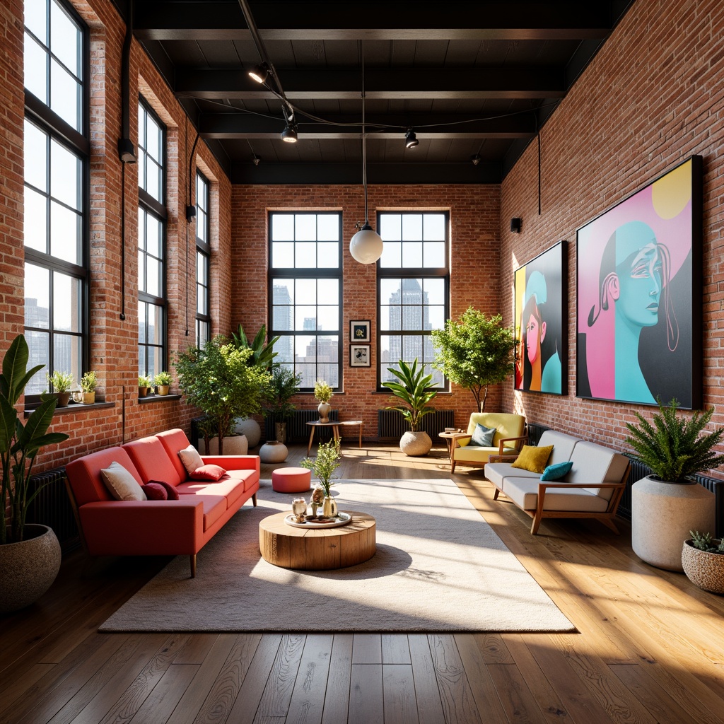 Prompt: Vibrant modern art studio, exposed brick walls, polished wooden floors, eclectic furniture pieces, abstract artwork, bold color blocking, contrasting textures, warm natural lighting, large windows, urban cityscape views, trendy industrial decor, metallic accents, matte finishes, pastel hues, neon highlights, ombre gradients, 3D composition, shallow depth of field, realistic renderings.