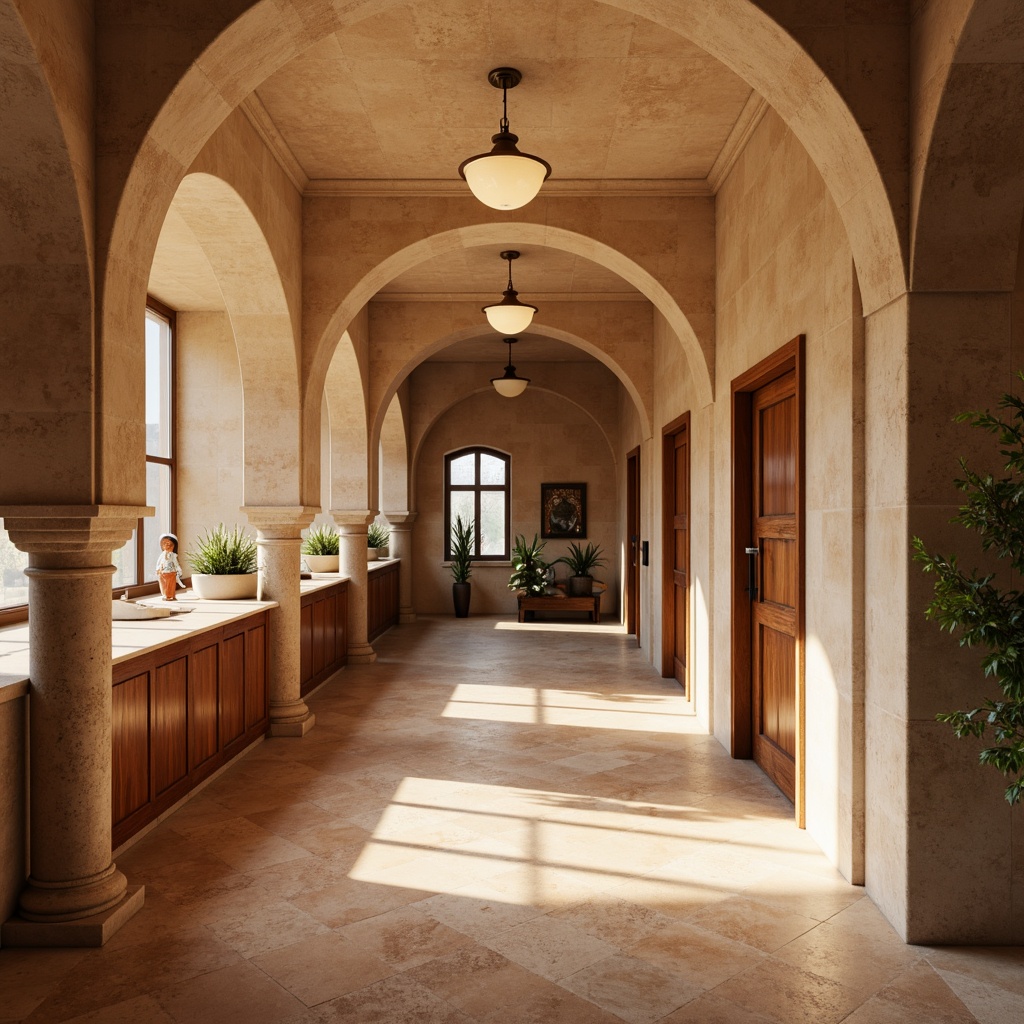 Prompt: Earth-toned clinic interior, Romanesque arches, warm beige walls, soft terracotta flooring, natural stone columns, ornate wooden accents, creamy marble countertops, rich walnut cabinetry, muted sage greenery, subtle golden lighting, warm ambient glow, shallow depth of field, 2/3 composition, realistic textures, ambient occlusion.