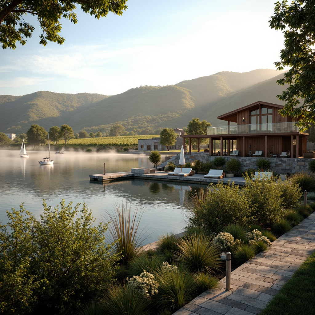 Prompt: Scenic lakefront, lush vineyards, rolling hills, rustic stone walls, wooden docks, sailboats, serene water reflections, misty morning atmosphere, warm golden lighting, soft focus background, shallow depth of field, 1/2 composition, natural textures, ambient occlusion, winery buildings, modern farmhouse architecture, large windows, sliding glass doors, outdoor seating areas, lantern-style lighting, reclaimed wood accents, native plant species, wildflowers, meandering pathways, lakeside benches, tranquil ambiance.