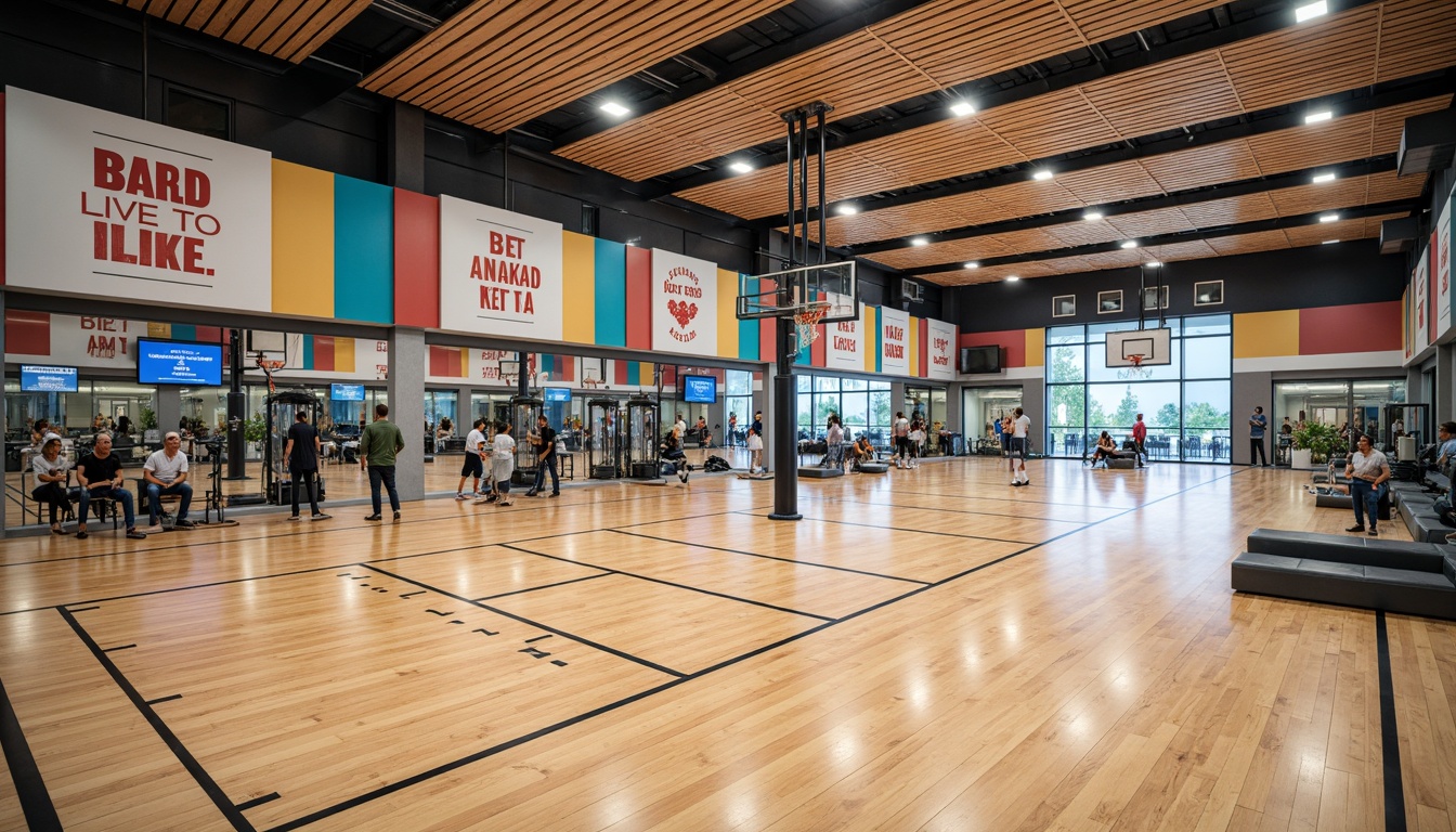 Prompt: Modern gymnasium interior, polished wooden floors, mirrored walls, high ceilings, athletic equipment, basketball hoops, volleyball nets, exercise machines, free weights, yoga mats, sound-absorbing panels, vibrant color schemes, motivational quotes, natural light, large windows, sliding glass doors, open-plan layout, functional zones, social areas, spectator seating, scoreboards, digital displays, ambient lighting, soft shadows, shallow depth of field, 1/1 composition, realistic textures.