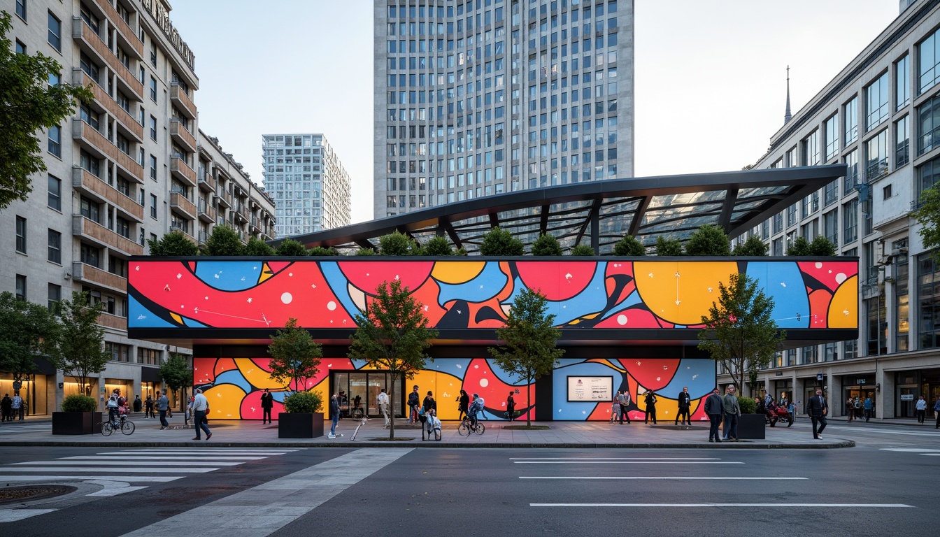 Prompt: Vibrant bus station, expressionist facade, bold angular lines, dynamic curved shapes, bright primary colors, geometric patterns, abstract murals, urban landscape, city streets, morning rush hour, natural light, shallow depth of field, 1/2 composition, realistic textures, ambient occlusion, concrete walls, metallic accents, glass canopies, cantilevered roofs, futuristic design elements, public art installations, pedestrian walkways, bike lanes, green roofs, eco-friendly materials.