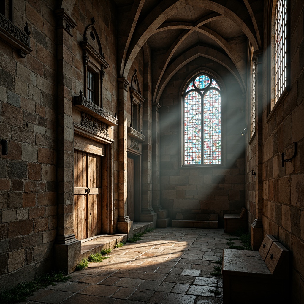 Prompt: Ancient Romanesque architecture, rustic stone walls, weathered granite textures, ornate carvings, Gothic arches, stained glass windows, intricate mosaics, worn wooden doors, distressed metal accents, mysterious ambient lighting, low-key shadows, atmospheric fog, cinematic composition, 1/2 format, realistic rendering.