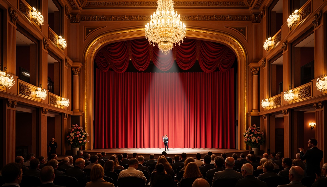 Prompt: Elegant proscenium arch, rich velvet curtains, warm golden lighting, ornate wooden paneling, grand chandelier, crimson red accents, luxurious fabric draping, subtle texture contrast, nuanced color harmony, bold dramatic strokes, academic neoclassicism, opulent decorative details, refined audience seating, intimate stage setting, soft focus spotlighting, 2.5D scenic design, atmospheric misting effects, warm cool color balance, high-contrast ratio, cinematic composition, realistic character lighting, subtle gradient shading.