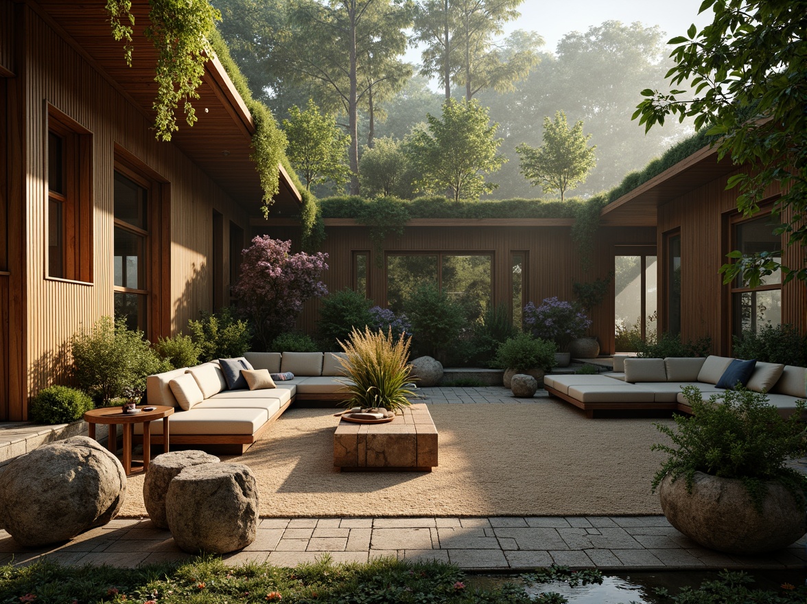 Prompt: Organic shapes, natural materials, earthy tones, botanical patterns, floral arrangements, woven fibers, wooden accents, stone textures, moss-covered walls, living green roofs, serene forest surroundings, misty atmosphere, soft warm lighting, shallow depth of field, 3/4 composition, realistic textures, ambient occlusion.