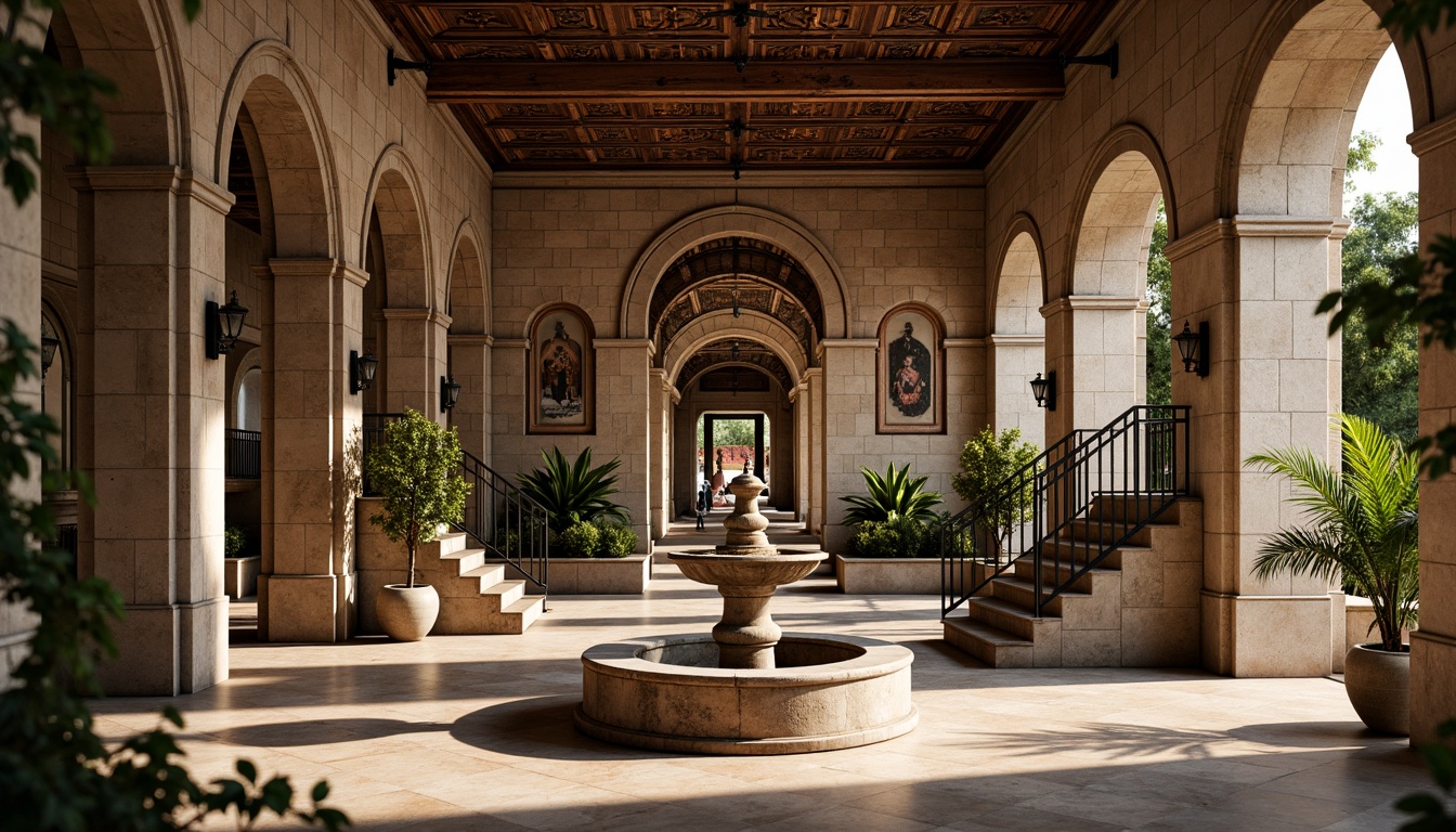 Prompt: Grand Renaissance palace, ornate fountains, intricate carvings, majestic arches, rustic stone walls, weathered brick fa\u00e7ades, Tuscan columns, ornamental capitals, grand staircases, polished marble floors, decorative vaulted ceilings, soft warm lighting, ambient shadows, 1/2 composition, realistic textures, subtle depth of field.