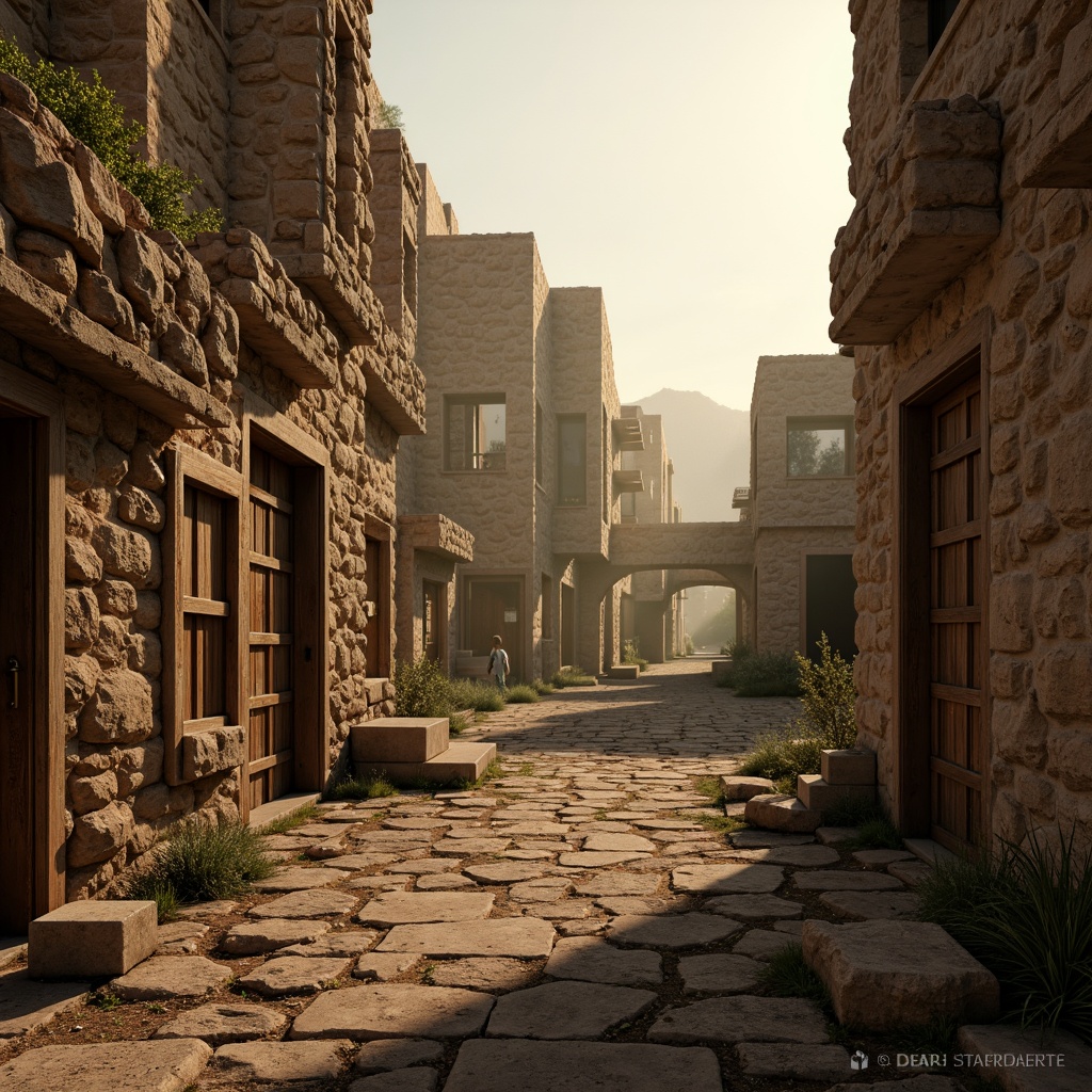 Prompt: Rugged landscape, rocky formations, eroded cliffs, misty atmosphere, warm golden light, rough-hewn stone walls, crumbling ancient ruins, weathered wooden planks, distressed metal accents, worn leather textures, earthy color palette, high-frequency detail, intricate rock patterns, realistic wear and tear, subtle ambient occlusion, 1/1 composition, dramatic lighting, cinematic mood.