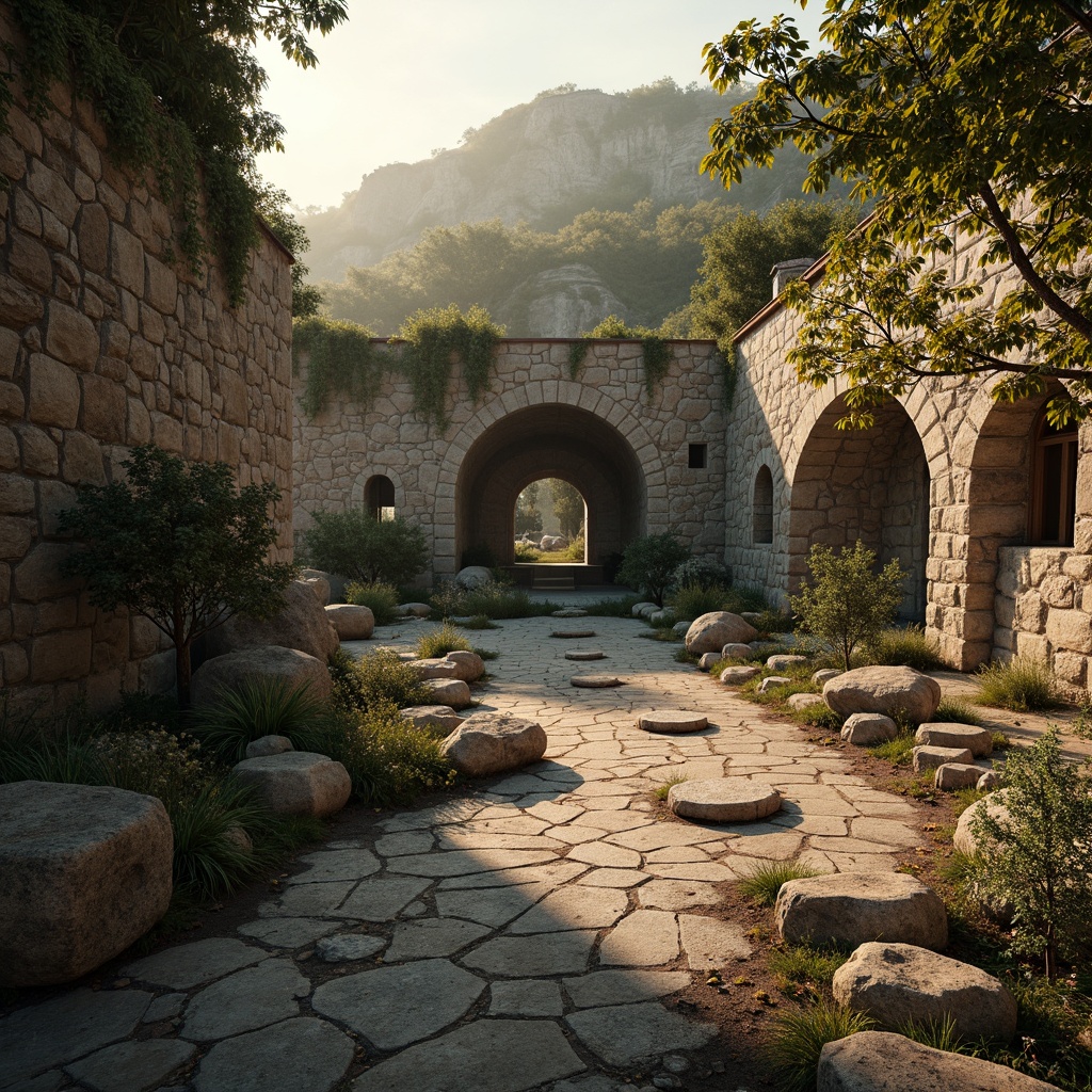 Prompt: Rustic landscape, rugged terrain, ancient ruins, weathered stone walls, overgrown vegetation, moss-covered surfaces, cracked earth, dry riverbeds, abandoned structures, distressed textures, realistic normal maps, high-poly geometry, detailed bump mapping, subtle ambient occlusion, warm golden lighting, dramatic shadows, 1/1 composition, close-up shot, Lavacrete material, earthy color palette, organic patterns, natural formations.