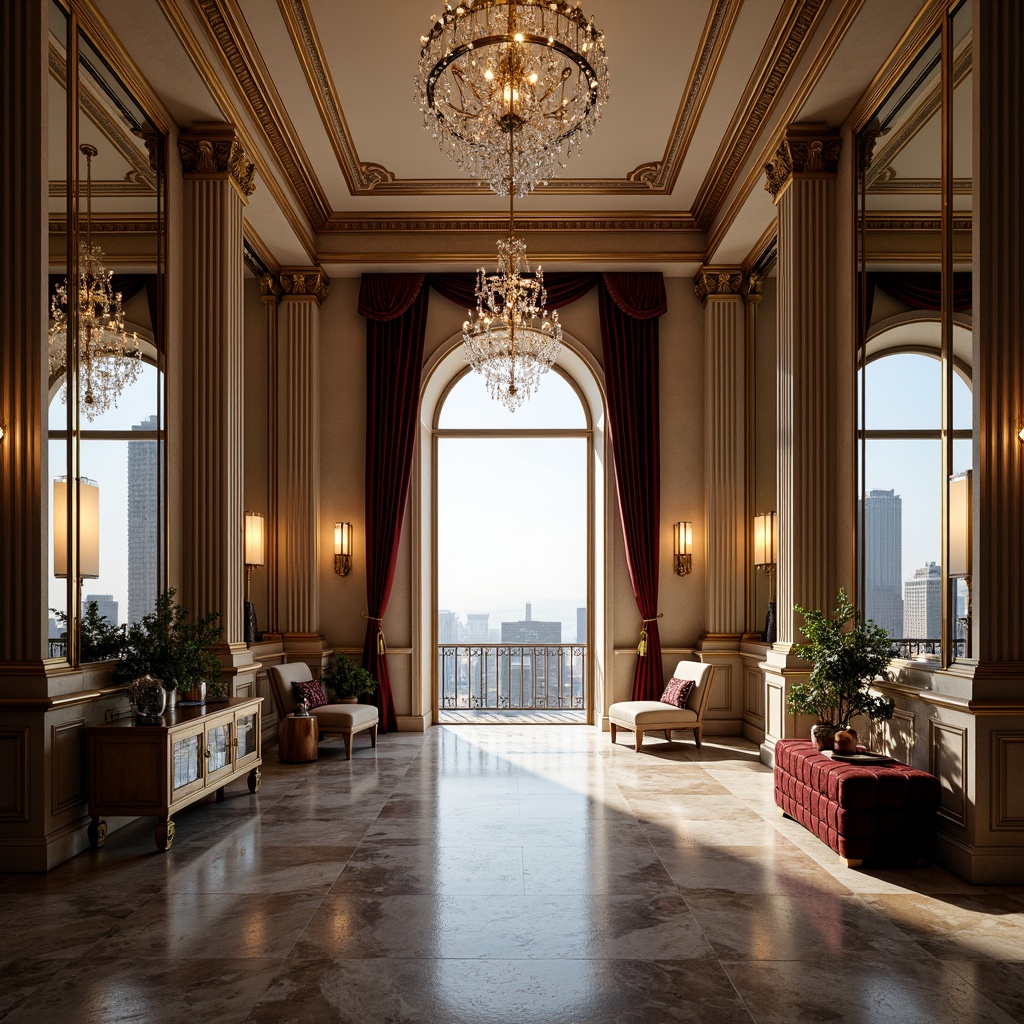 Prompt: Luxurious penthouse, symmetrical architecture, grand entrance hall, high ceilings, crystal chandeliers, marble floors, ornate mirrors, opulent furnishings, lavish decorations, neoclassical style, Renaissance-inspired details, golden accents, rich textiles, velvet drapes, majestic city views, panoramic windows, soft warm lighting, subtle shading, 1/1 composition, central axis symmetry, bilateral reflection, harmonious proportions, refined elegance.