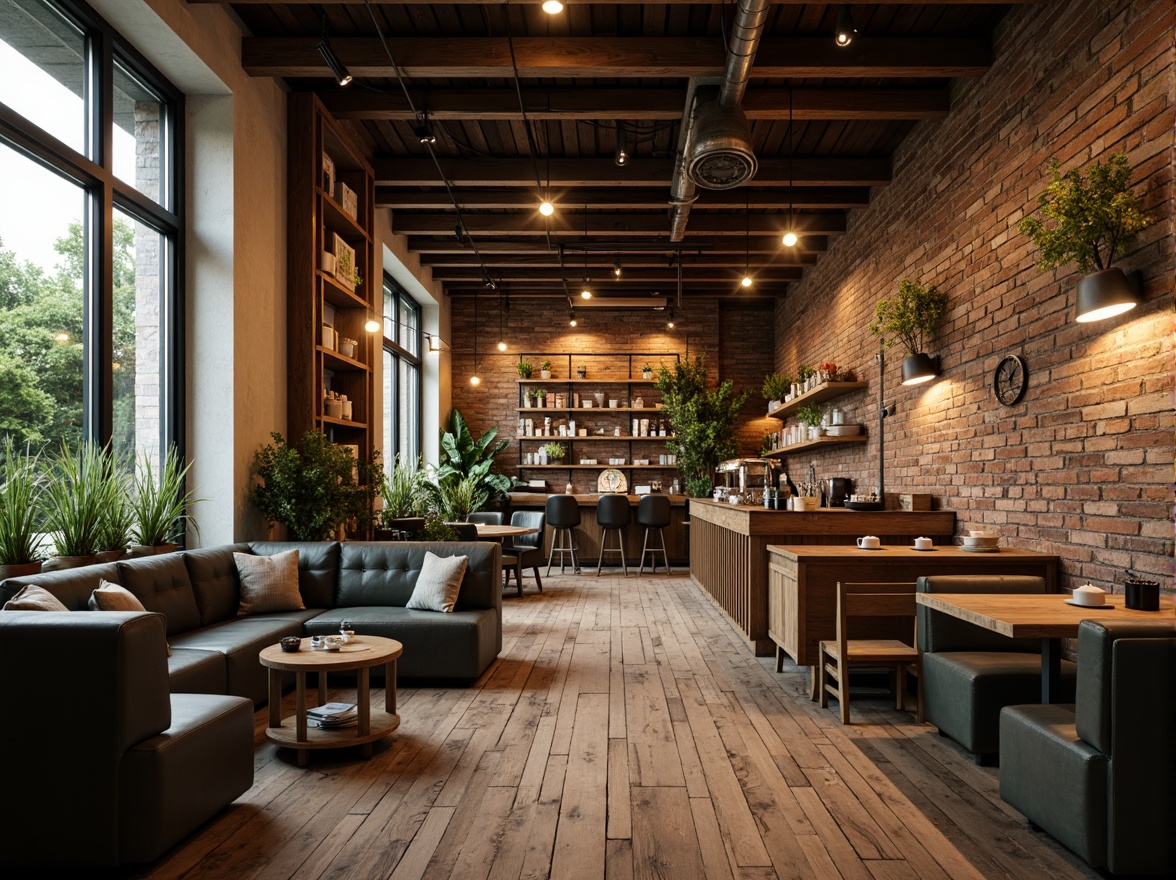 Prompt: Cozy coffee shop, rustic wooden accents, reclaimed wood planks, earthy color palette, natural stone walls, warm ambient lighting, comfortable seating areas, lush greenery, hanging plants, modern minimalist decor, metallic accents, industrial-style lighting fixtures, exposed brick walls, distressed finishes, rich aromas, steaming cups, soft background noise, shallow depth of field, 1/1 composition, realistic textures, ambient occlusion.