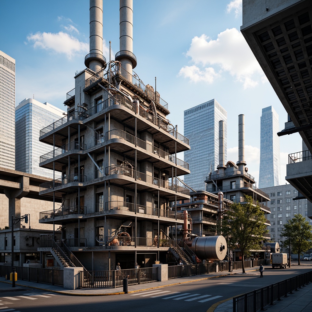 Prompt: Industrial power plant, steel framework, metallic latticework, reinforced concrete foundations, insulated pipes, heat-resistant ceramics, steam turbines, generator components, electrical wiring, control room instrumentation, futuristic architecture, urban skyline, cloudy blue sky, warm natural lighting, 1/2 composition, shallow depth of field, realistic textures.