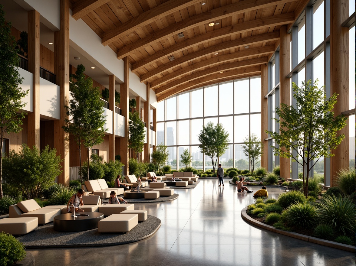 Prompt: Natural light-filled airport lounge, curved wooden beams, living green walls, organic shapes, flowing water features, warm earthy tones, reclaimed wood accents, spacious high ceilings, airy atmosphere, comfortable seating areas, vibrant plant life, soft diffused lighting, shallow depth of field, 1/1 composition, realistic textures, ambient occlusion.