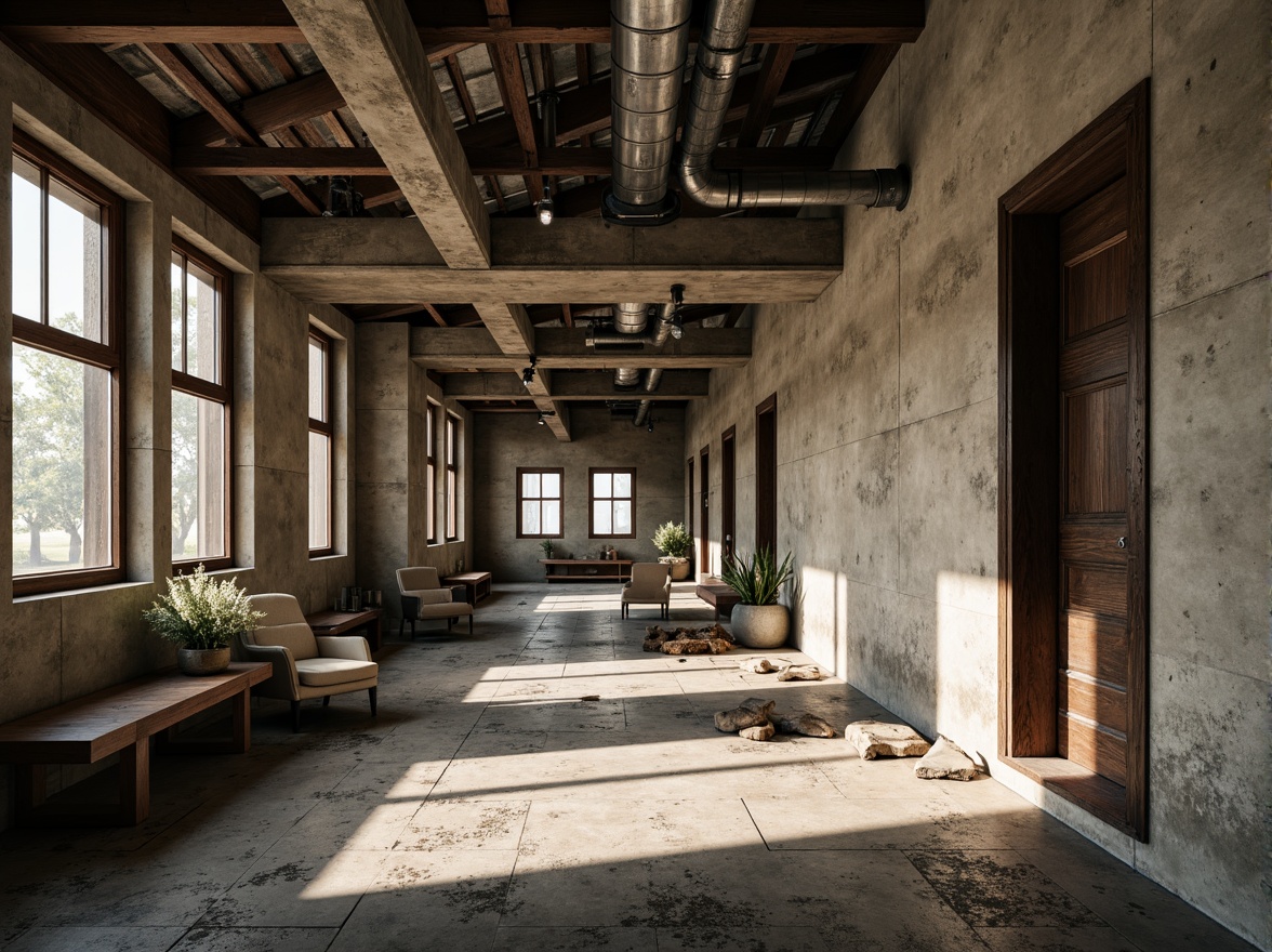 Prompt: Rough-hewn concrete walls, exposed ductwork, industrial metal beams, weathered wooden accents, earthy tone color palette, rugged stone floors, brutalist-inspired fa\u00e7ade, functional corridors, institutional lighting, abstract geometric shapes, distressed textures, bold architectural forms, natural light pouring in, high ceilings, dramatic shadows, cinematic composition, gritty realistic rendering.