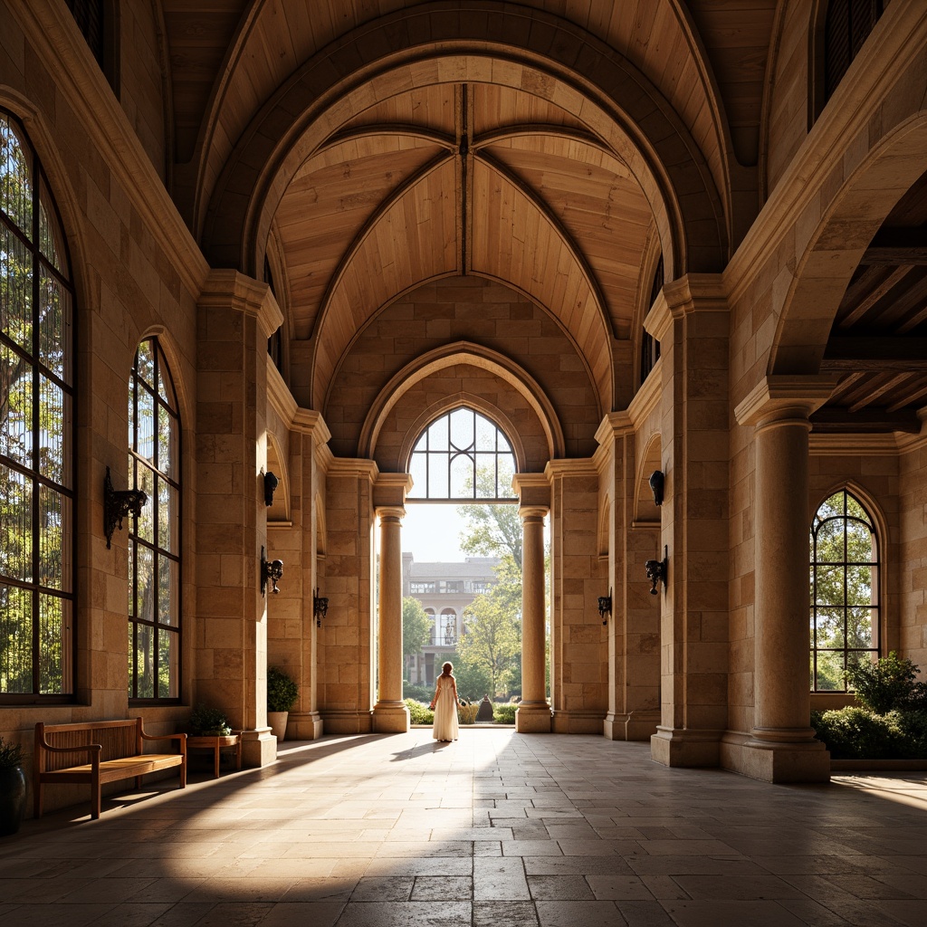 Prompt: Grand archways, ornate columns, rustic stone walls, medieval-inspired architecture, grandiose entrance, symmetrical fa\u00e7ade, stained glass windows, warm earthy tones, natural light pouring in, serene atmosphere, peaceful ambiance, gentle color palette, subtle texture details, shallow depth of field, 1/1 composition, realistic render, soft warm lighting, ambient occlusion.