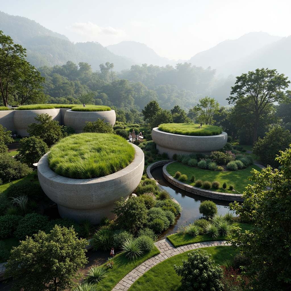 Prompt: Curved building silhouette, harmonious landscape fusion, lush green roofs, native plant species, meandering pathways, natural stone retaining walls, organic architecture forms, blurred boundaries, seamless transitions, soft morning light, misty atmospheric effects, shallow depth of field, 2/3 composition, panoramic view, realistic textures, ambient occlusion.