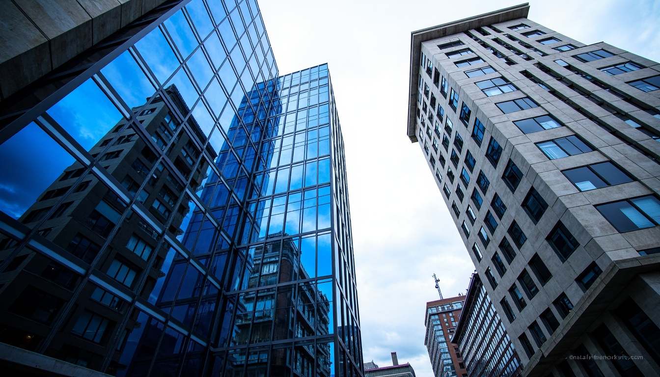 Prompt: Prussian blue accents, modern architectural design, sleek metal buildings, reflective glass surfaces, angular lines, minimalist aesthetic, vibrant color scheme, bold contrasting hues, geometric patterns, intricate textures, urban cityscape, cloudy sky, dramatic lighting, high-contrast shadows, 1/1 composition, realistic render, ambient occlusion.