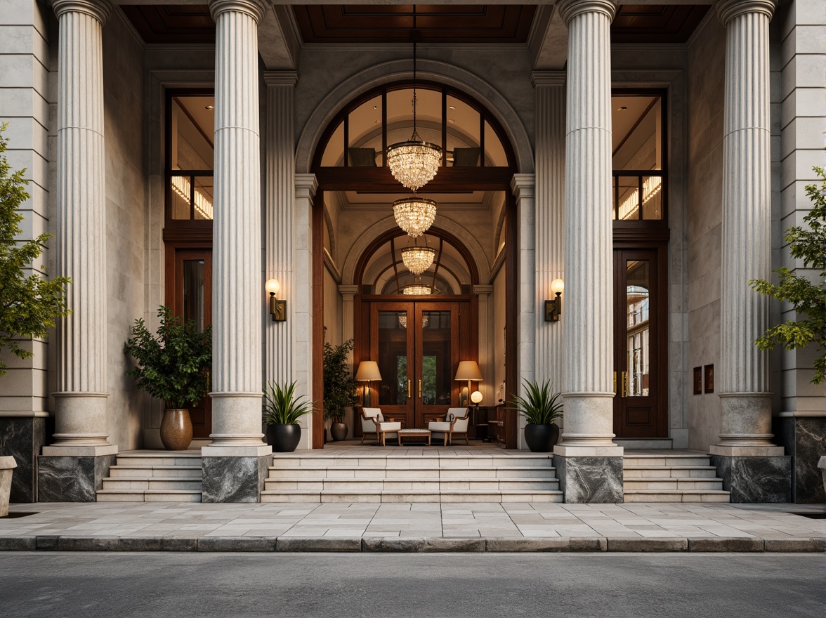 Prompt: Grandiose building facade, Ionic columns, ornate details, marble cladding, limestone walls, granite foundation, copper roofing, bronze door handles, wooden paneling, crystal chandeliers, intricate moldings, high ceilings, symmetrical composition, natural lighting, soft warm glow, subtle texture variations, realistic reflections, ambient occlusion.