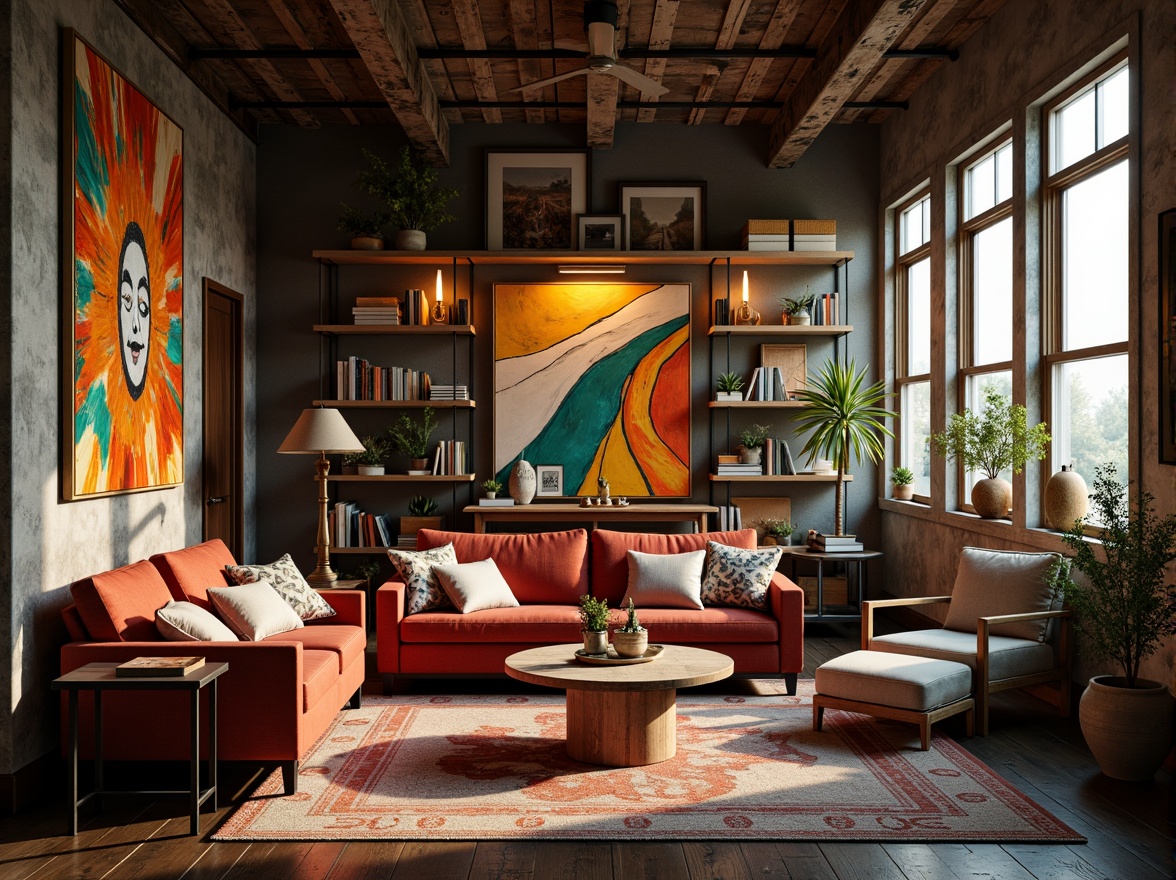 Prompt: Vibrant artistic studio, eclectic furniture arrangement, bold abstract artwork, rich velvet fabrics, warm golden lighting, distressed wooden accents, industrial metal beams, edgy modern architecture, moody atmospheric colors, deep blues, fiery oranges, muted greens, creamy whites, soft pastel hues, subtle texture contrasts, intricate pattern mixes, harmonious color balance, 3/4 composition, cinematic depth of field, dramatic chiaroscuro lighting.