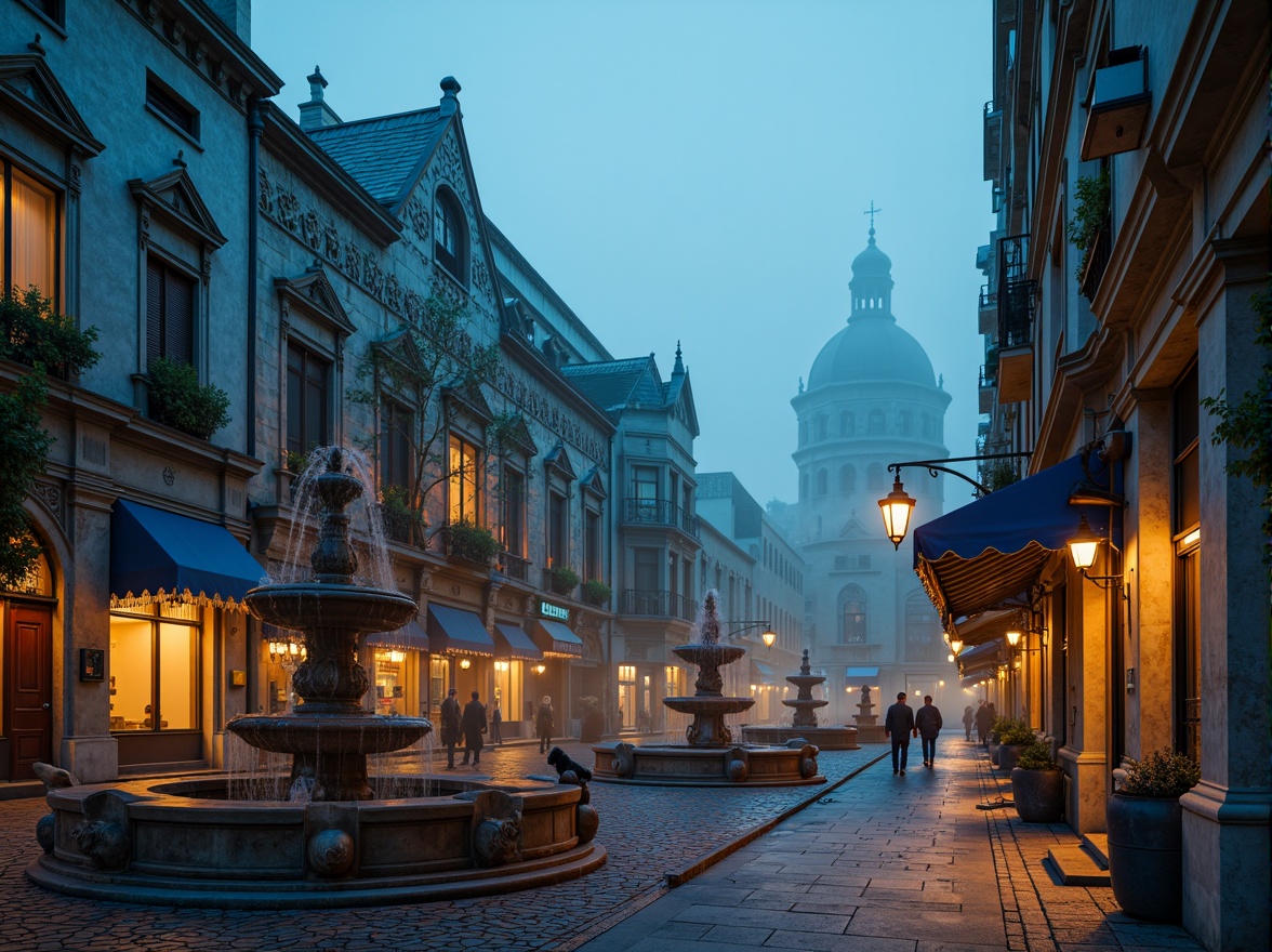 Prompt: Majestic cityscape, Prussian blue accents, golden hour lighting, ornate Gothic architecture, intricate stone carvings, grandiose domes, lavish fountains, cobblestone streets, vintage street lamps, mystical foggy atmosphere, cinematic shallow depth of field, 2/3 composition, symmetrical framing, warm soft focus, realistic textures, ambient occlusion.