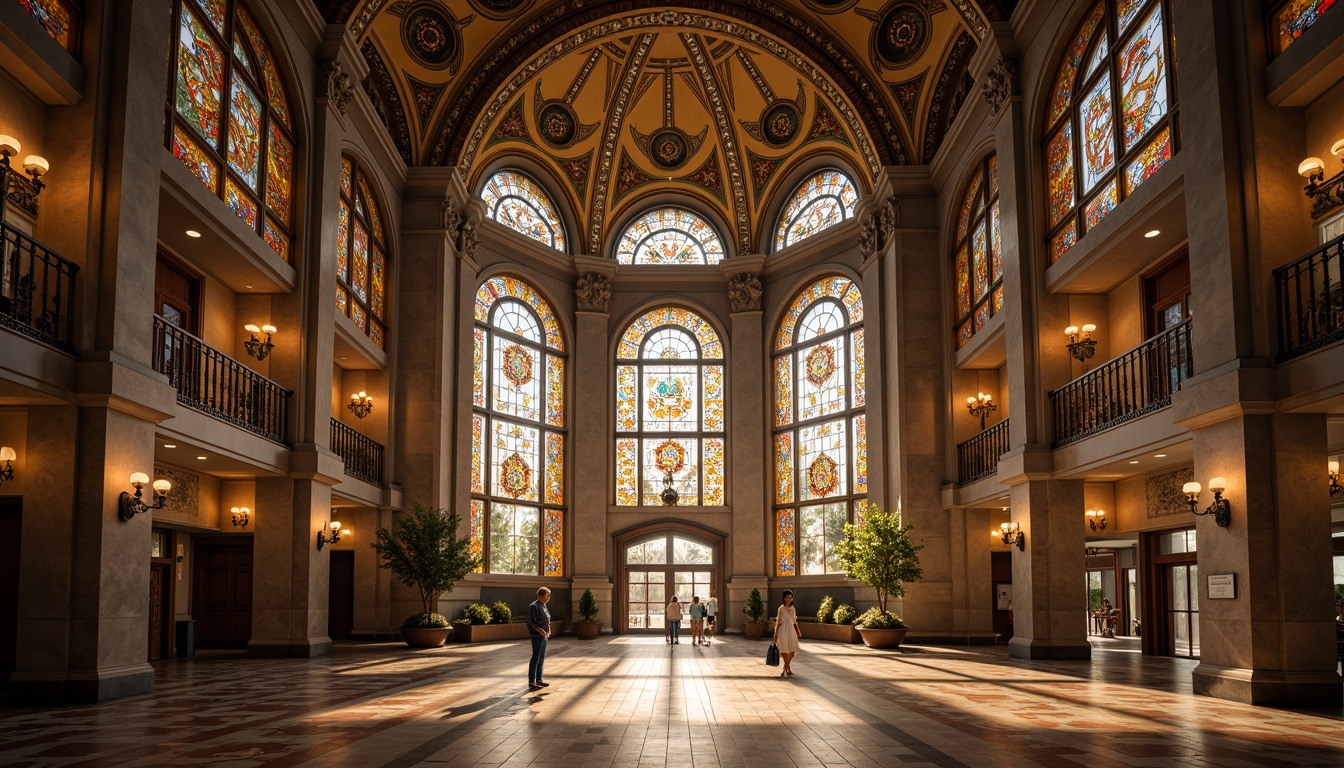 Prompt: Majestic high school building, grandiose arches, Byzantine-inspired architecture, ornate stone carvings, intricate mosaics, vibrant stained glass windows, imposing dome structures, elegant columns, ornamental capitals, richly patterned floors, luxurious chandeliers, warm golden lighting, dramatic shadows, 1/2 composition, low-angle shot, atmospheric perspective, realistic textures, subtle ambient occlusion.