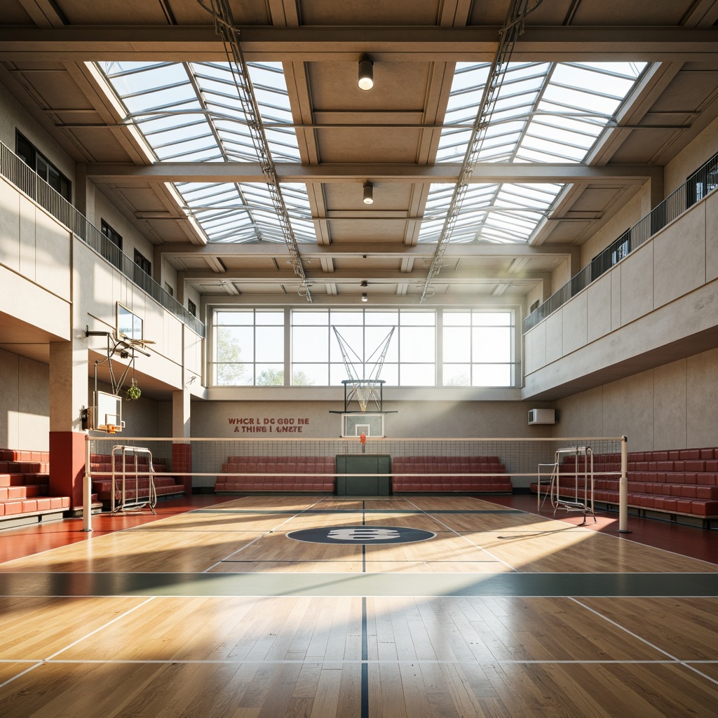 Prompt: Spacious gymnasium interior, abundant natural light, clerestory windows, high ceilings, polished wooden floors, minimalist design, functional training areas, athletic equipment, basketball courts, volleyball nets, bleacher seating, motivational quotes, modern architectural style, large skylights, transparent glass walls, indirect sunlight, soft warm illumination, 1/2 composition, realistic textures, ambient occlusion.