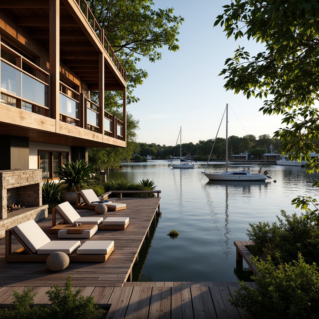 Prompt: Waterfront location, rustic wooden dock, serene lake views, lush greenery, aquatic plants, sailboats, yachts, nautical theme, cozy interior spaces, exposed wooden beams, natural stone fireplaces, modern amenities, large windows, sliding glass doors, warm soft lighting, shallow depth of field, 3/4 composition, panoramic view, realistic textures, ambient occlusion.