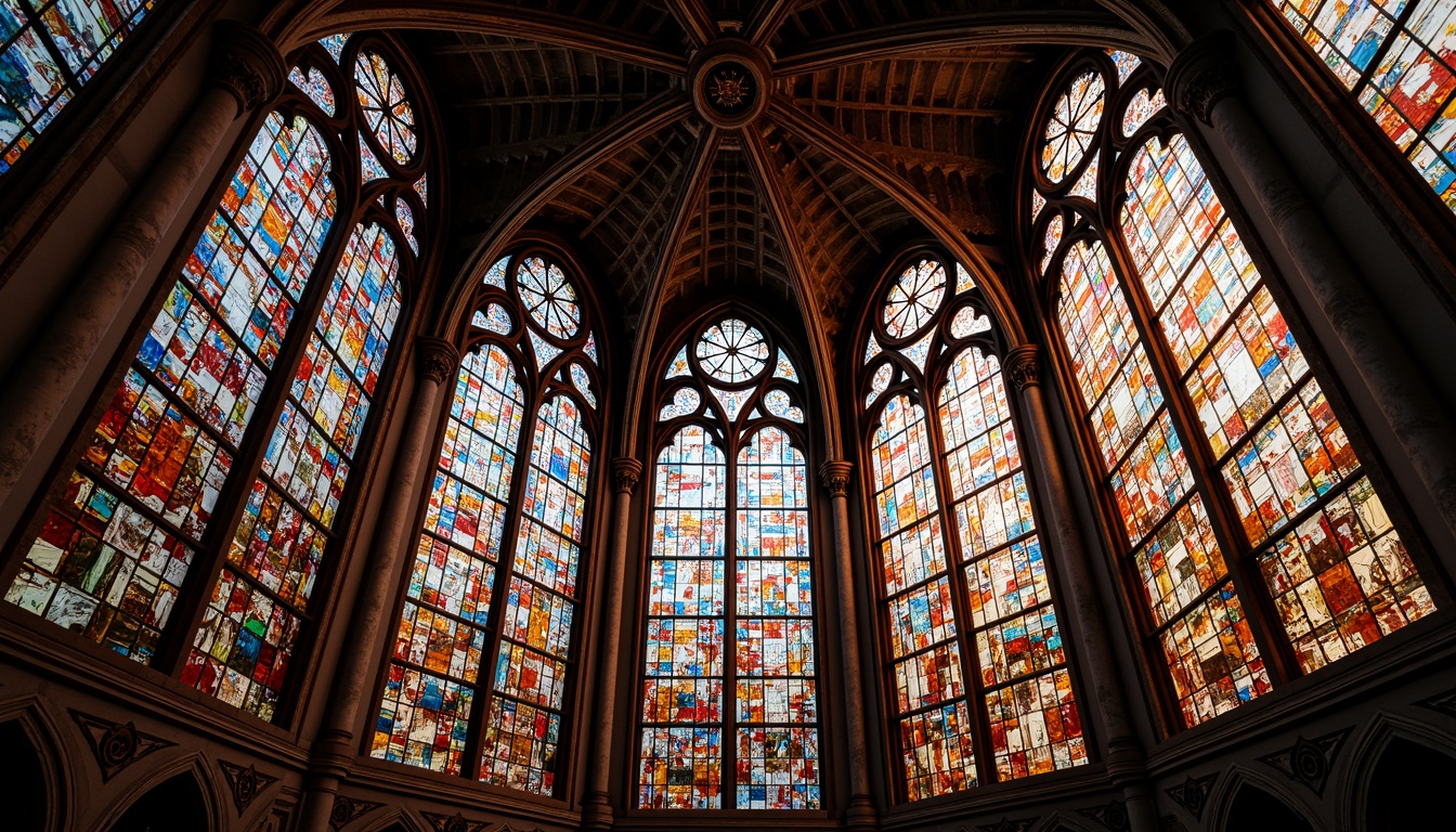 Prompt: Vibrant stained glass windows, ornate Gothic arches, kaleidoscope colors, intricate patterns, leadlight details, mystical ambiance, sacred atmosphere, grand cathedral ceilings, elaborate mosaics, beveled edges, refracted light, prismatic effects, rich textures, luxurious materials, medieval inspirations, dramatic lighting, warm golden tones, 3/4 composition, symmetrical balance, realistic reflections.