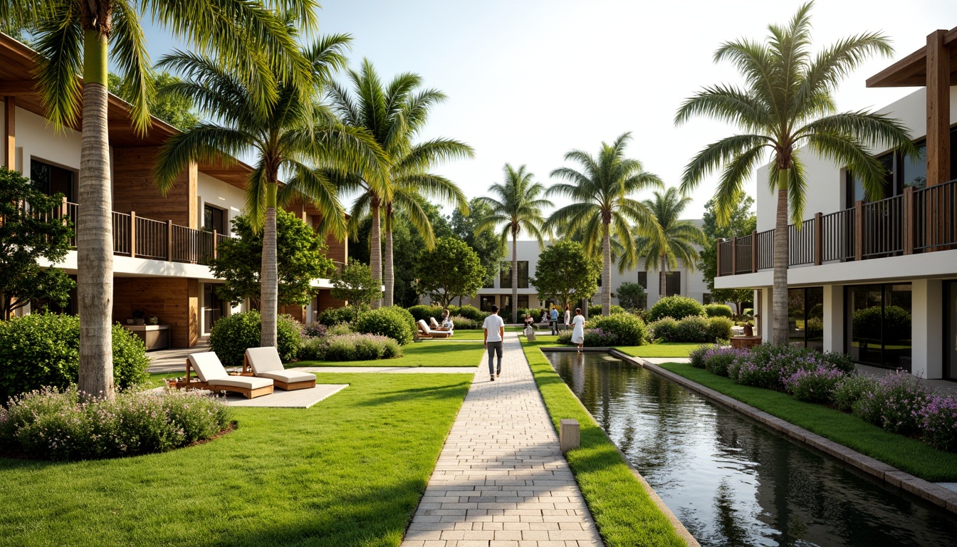 Prompt: Lush green lawns, vibrant flowerbeds, meandering walkways, rustic stone pathways, tranquil water features, modern outdoor furniture, minimalist landscaping, sleek metal railings, natural wood accents, tropical palm trees, blooming gardenias, sunny afternoon, soft warm lighting, shallow depth of field, 3/4 composition, panoramic view, realistic textures, ambient occlusion.